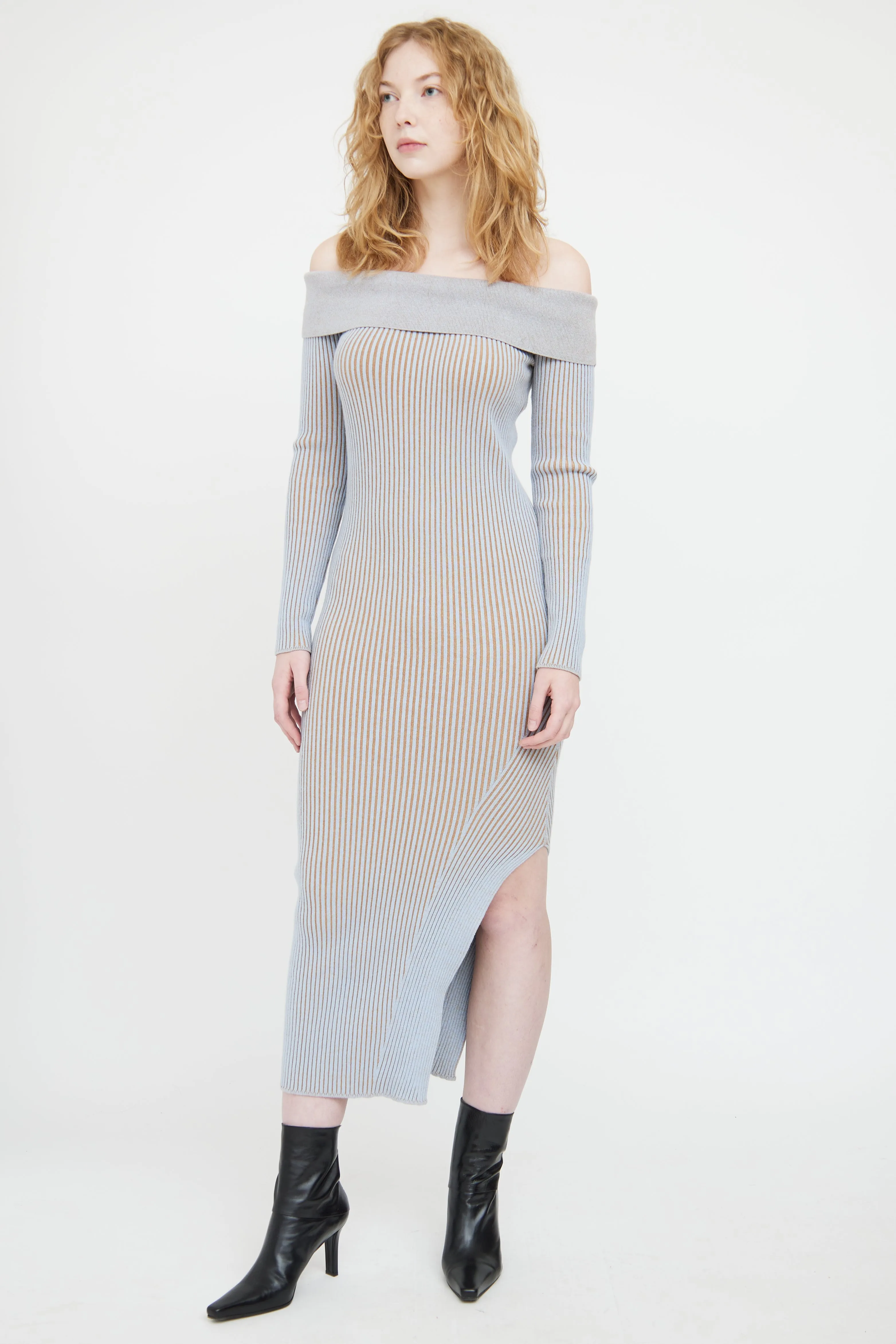 Blue & Brown Ribbed Maxi Dress