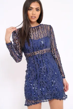 Blue Sheer Sequin Dress - Aaima
