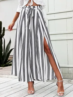 Boho Striped Split Thigh High Waist Cropped Women Pants