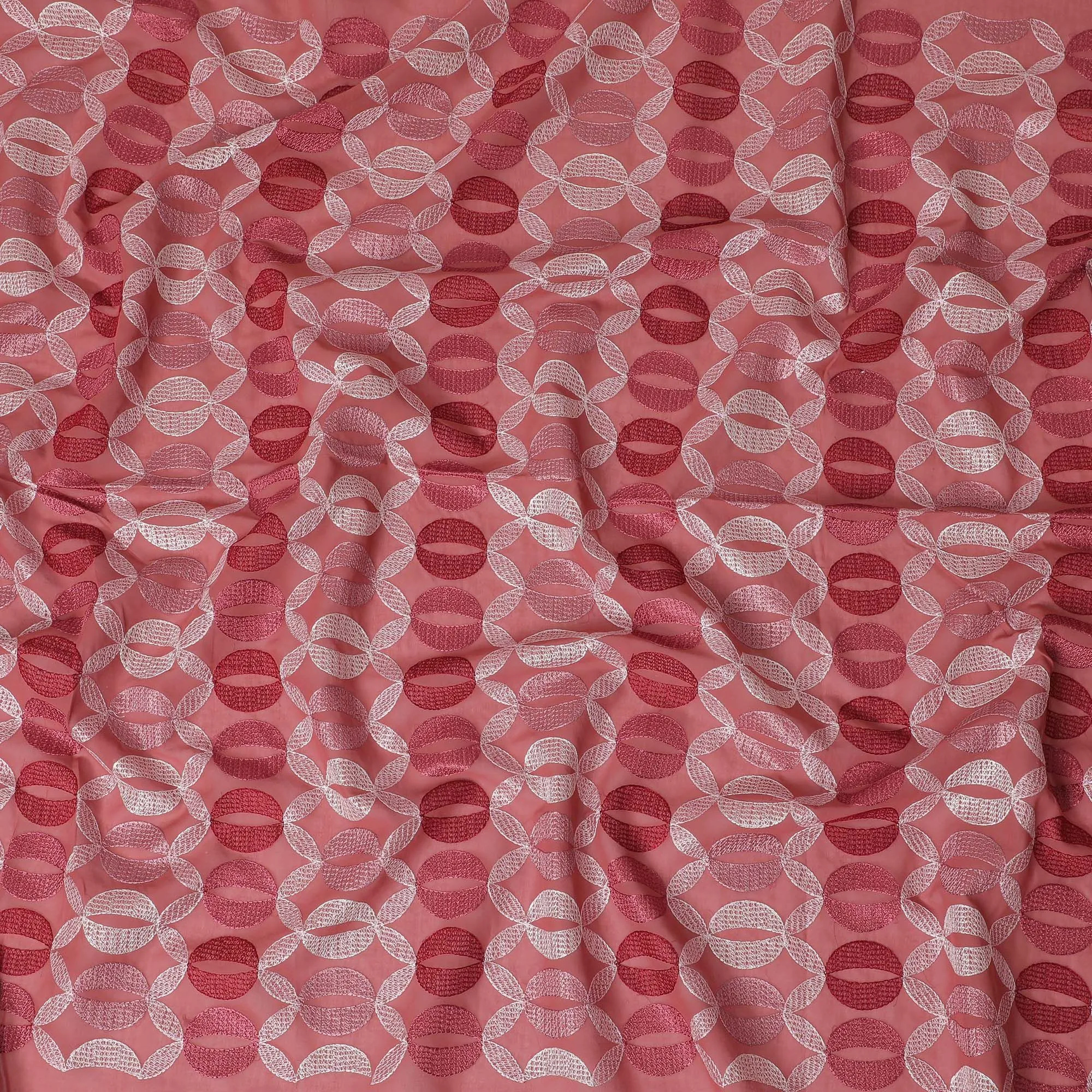 Brick red Premium pure cotton voile fabric with same tone and beige embroidery in geometric design-D16981