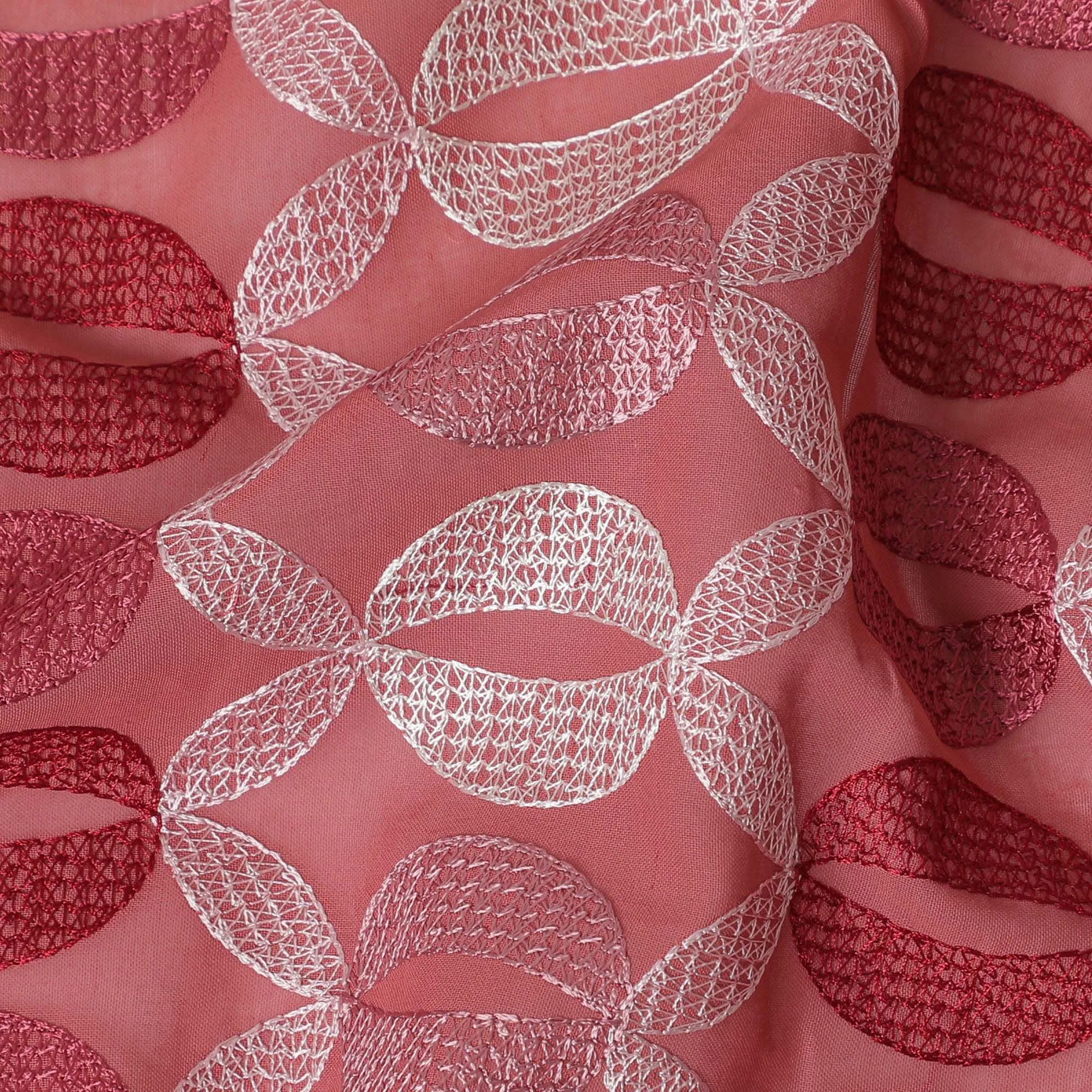 Brick red Premium pure cotton voile fabric with same tone and beige embroidery in geometric design-D16981
