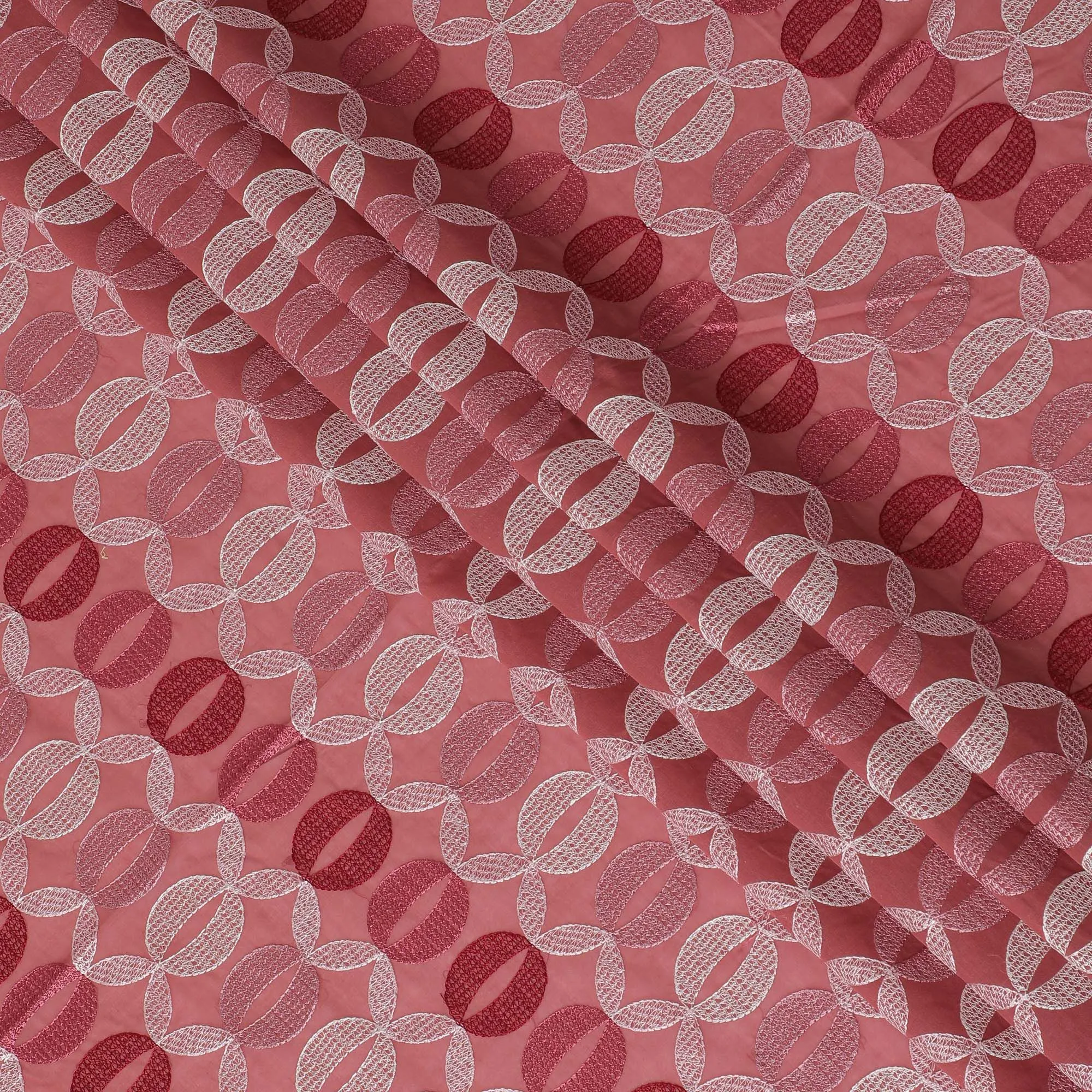 Brick red Premium pure cotton voile fabric with same tone and beige embroidery in geometric design-D16981