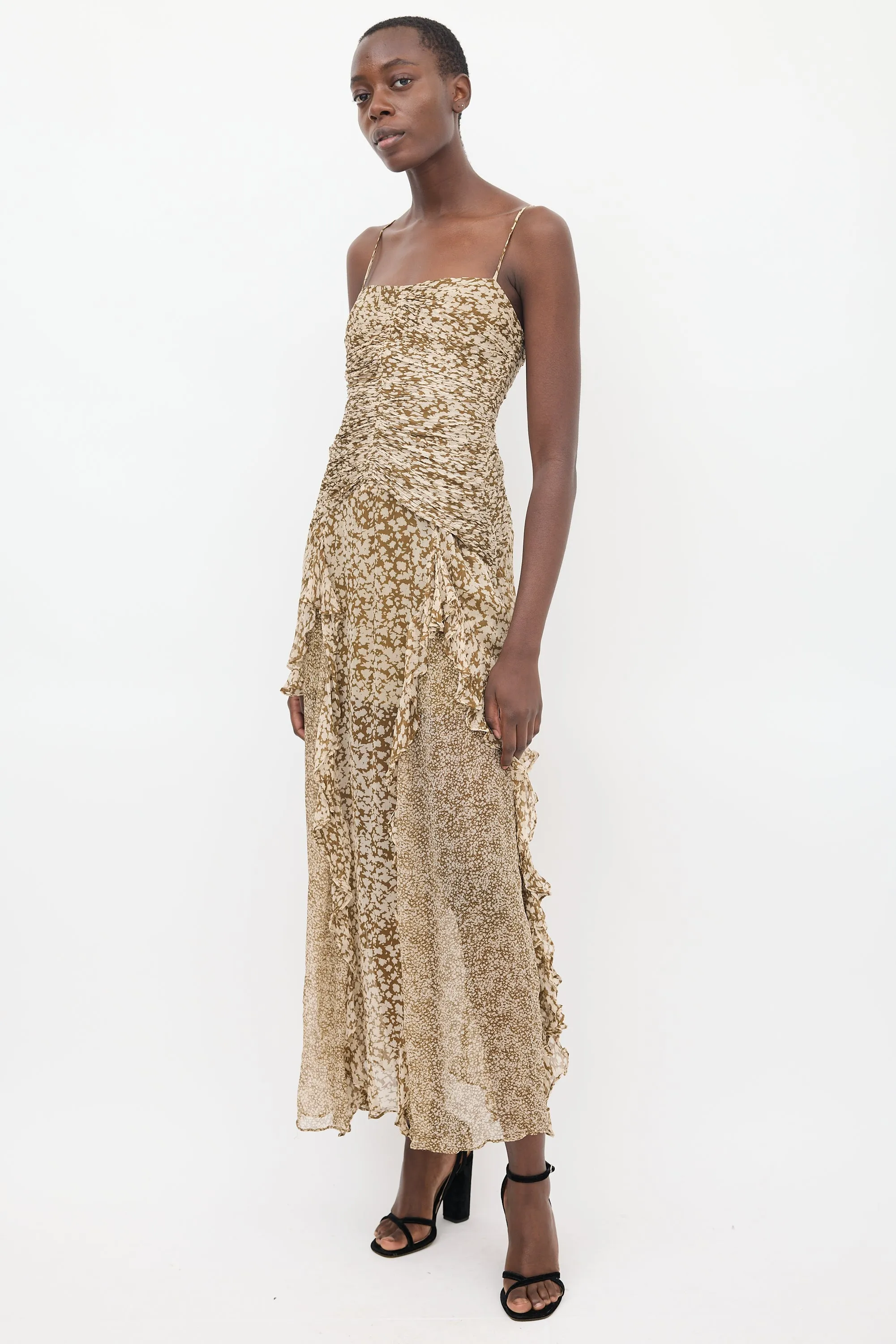 Brown & Cream Ruched Frill Claudette Dress
