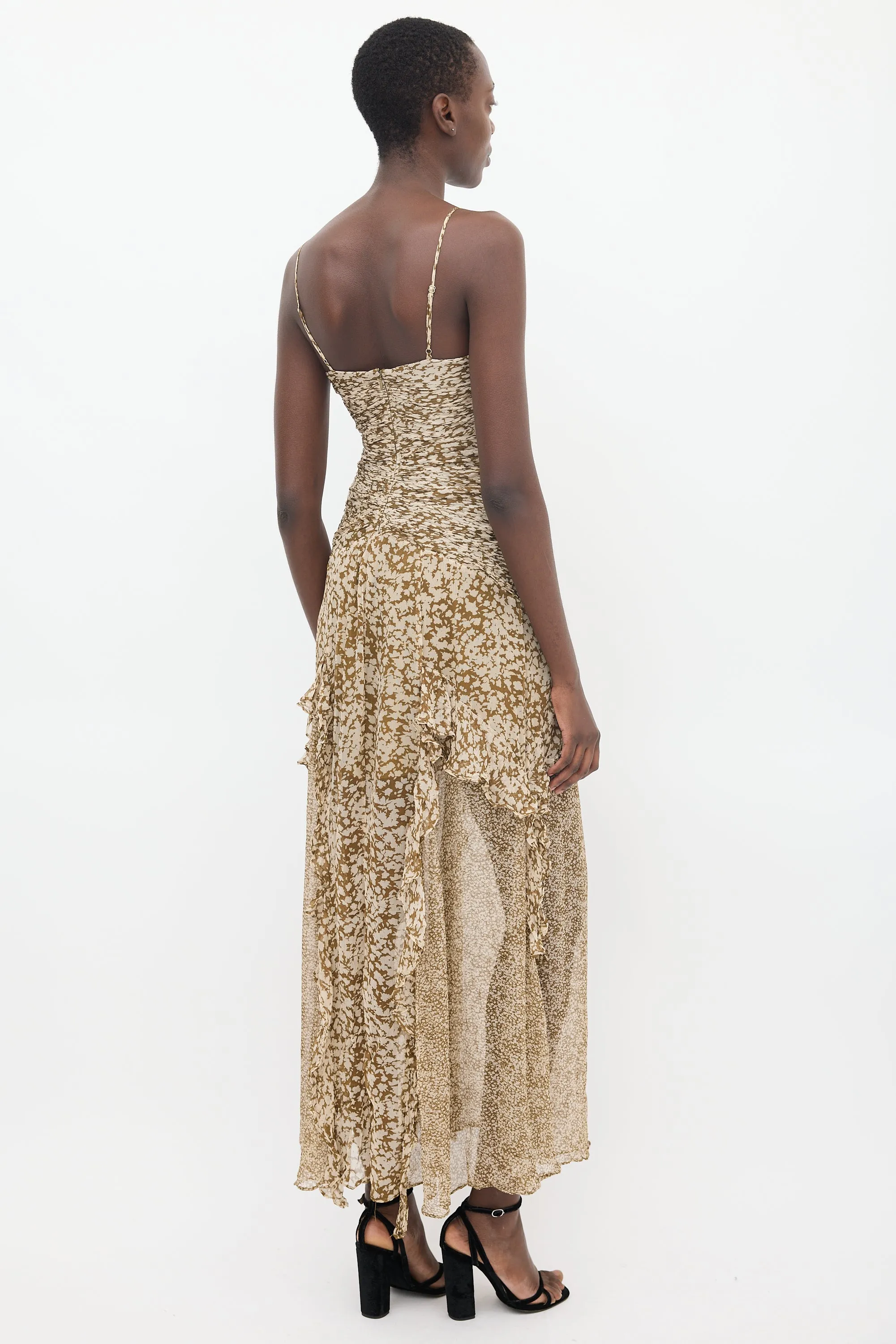 Brown & Cream Ruched Frill Claudette Dress
