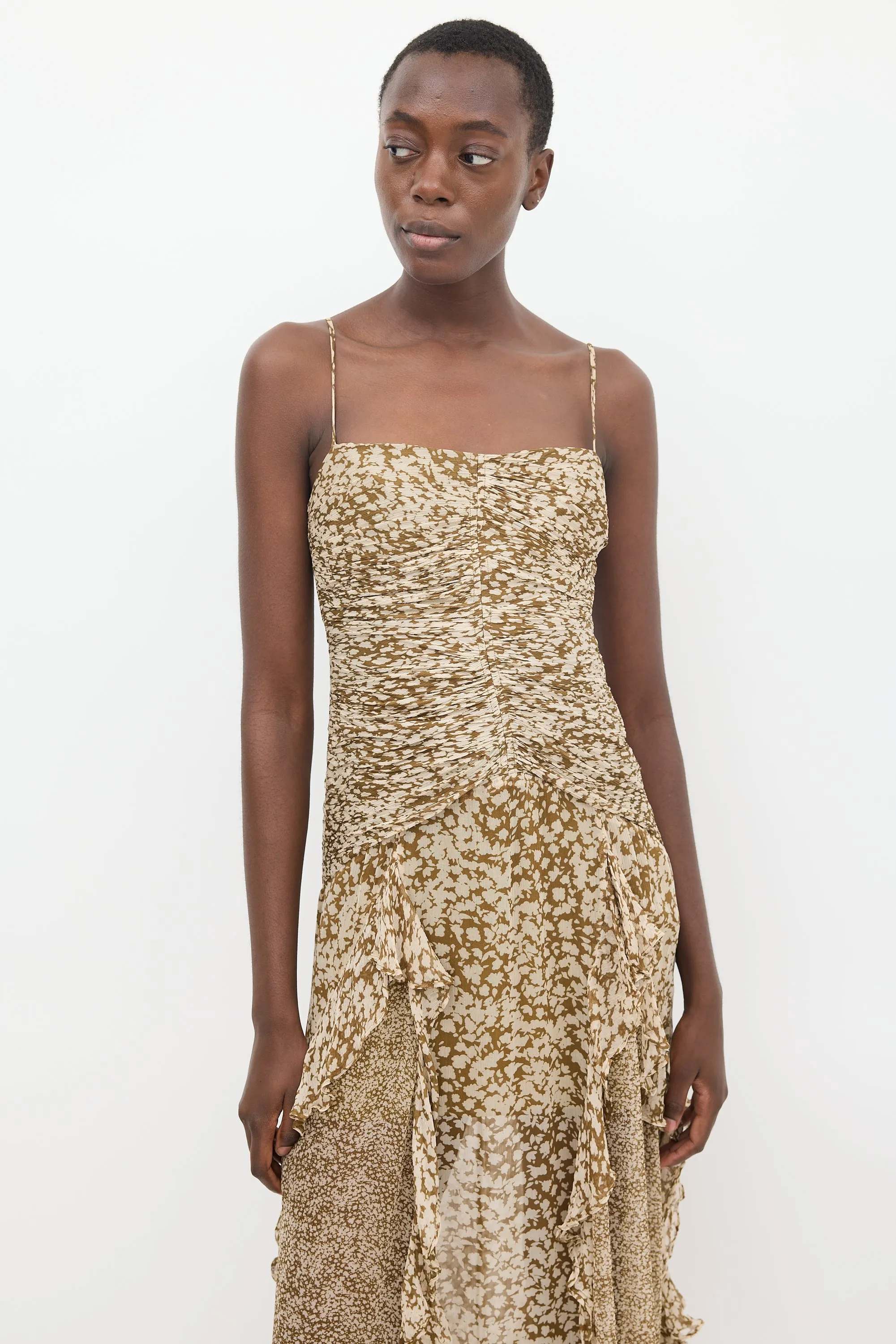 Brown & Cream Ruched Frill Claudette Dress