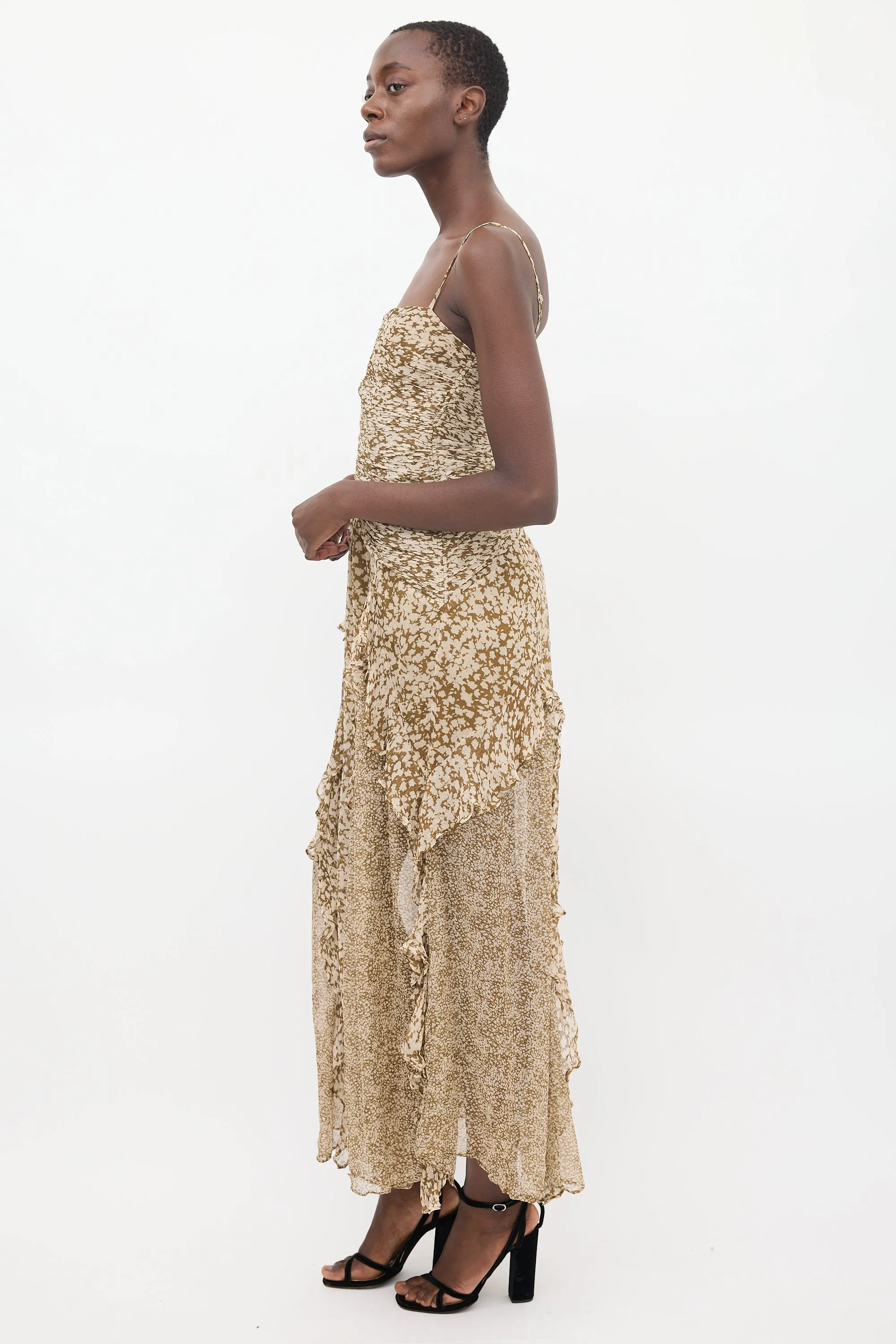 Brown & Cream Ruched Frill Claudette Dress