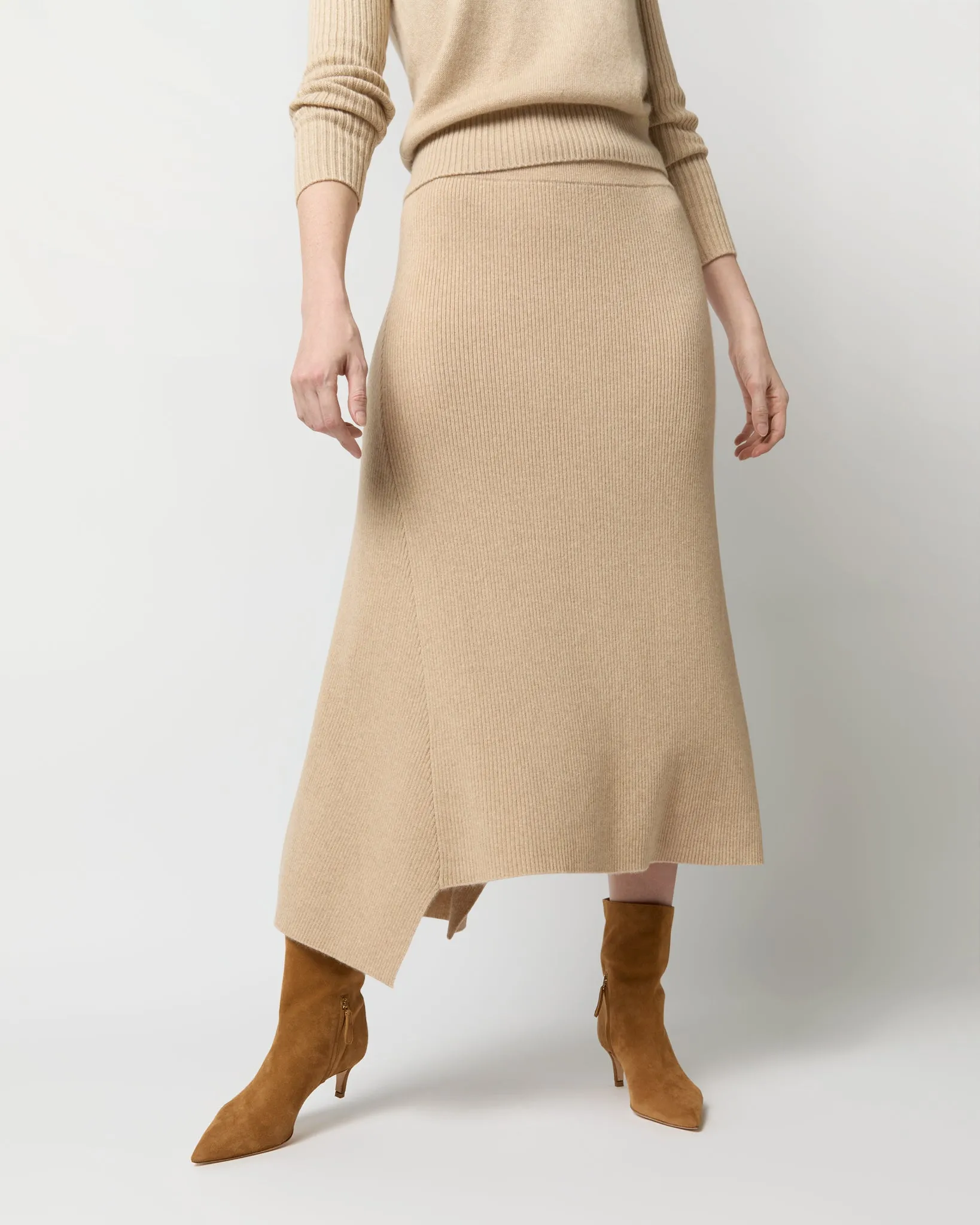 Bryce Asymmetrical Ribbed Skirt in Oatmeal Cashmere