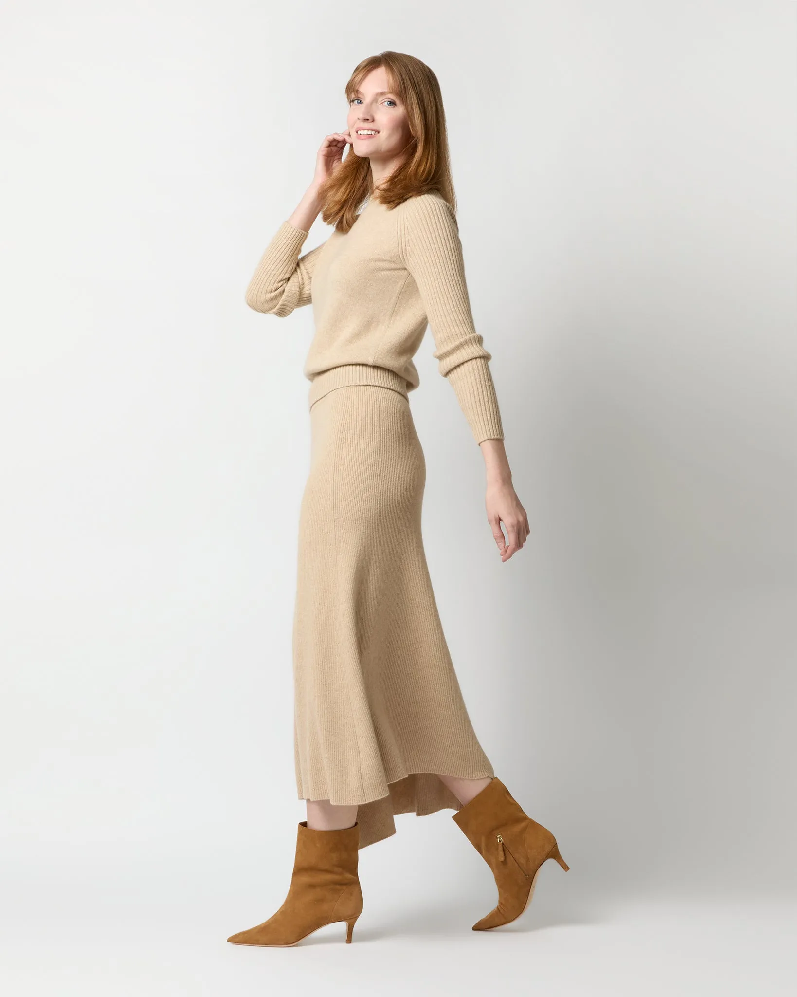 Bryce Asymmetrical Ribbed Skirt in Oatmeal Cashmere
