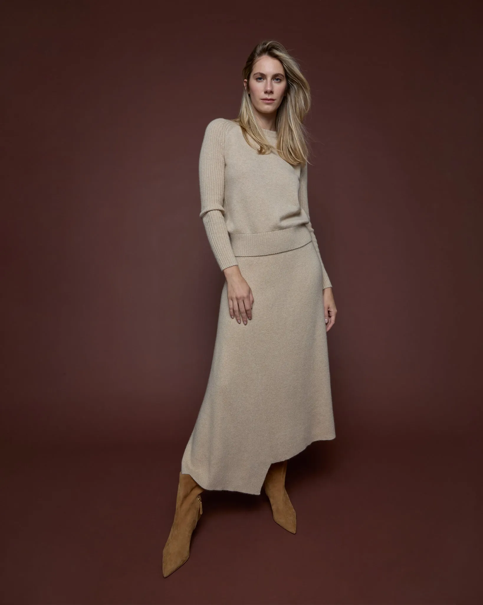 Bryce Asymmetrical Ribbed Skirt in Oatmeal Cashmere