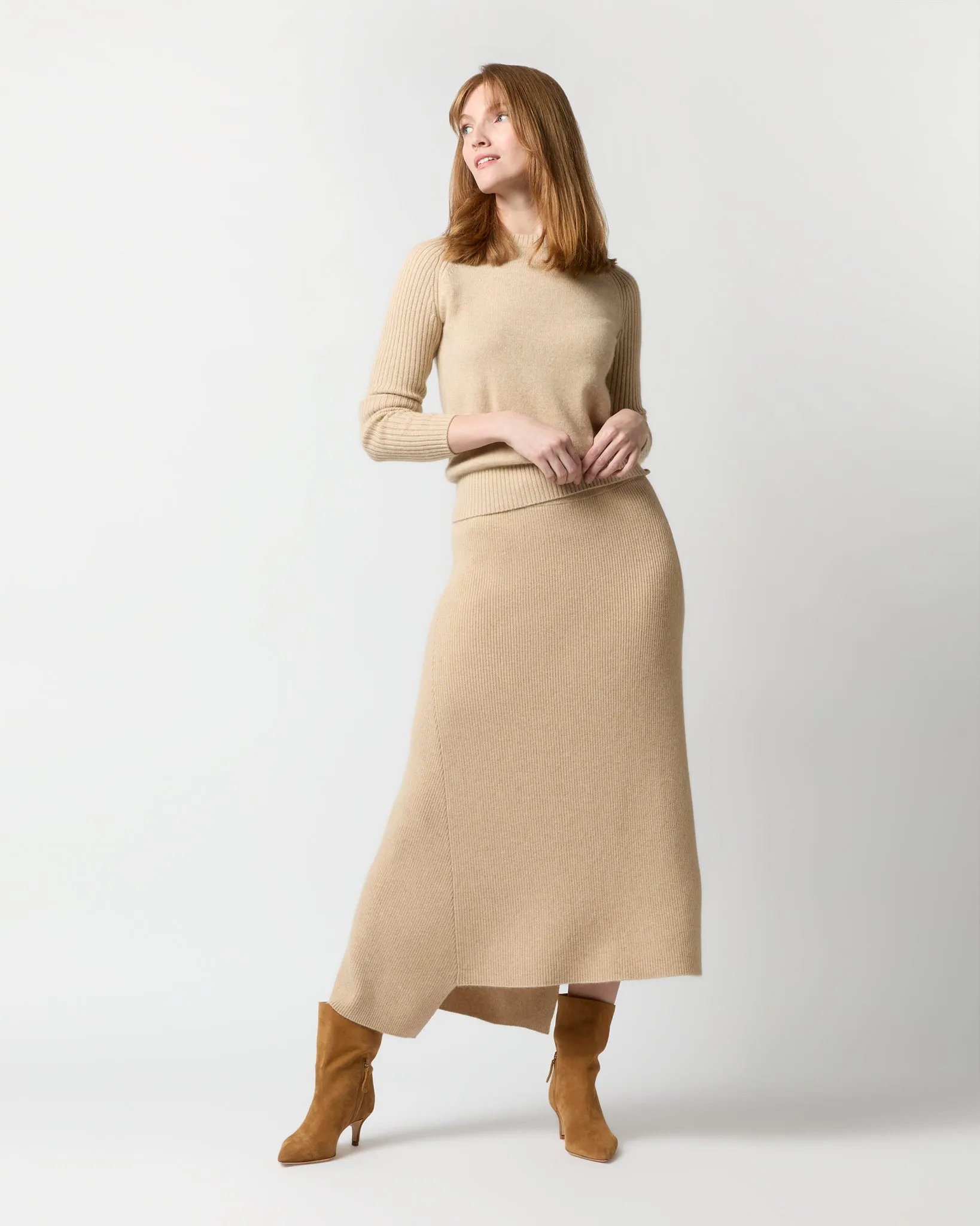 Bryce Asymmetrical Ribbed Skirt in Oatmeal Cashmere