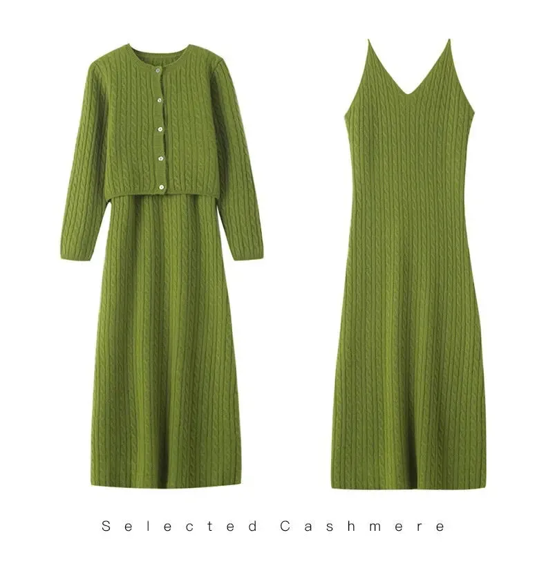 Cashmere Knitted Cardigan Dress Two-piece
