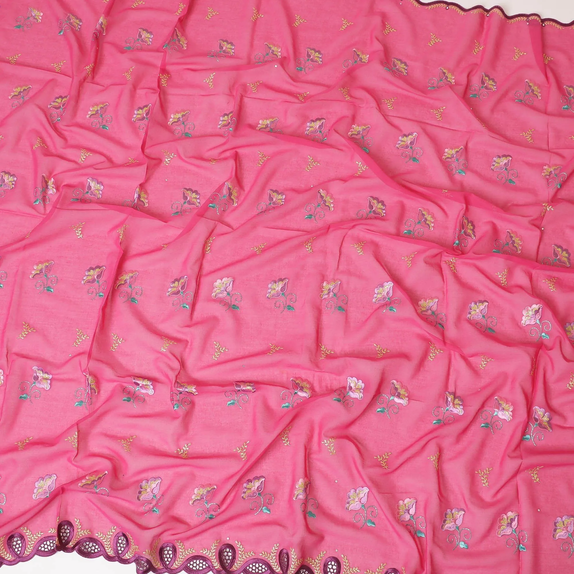 Cerise Pink Premium Swiss cotton voile (Thobe) fabric with same tone, gold, sea green and baby pink embroidery having stone work in floral design-D7993