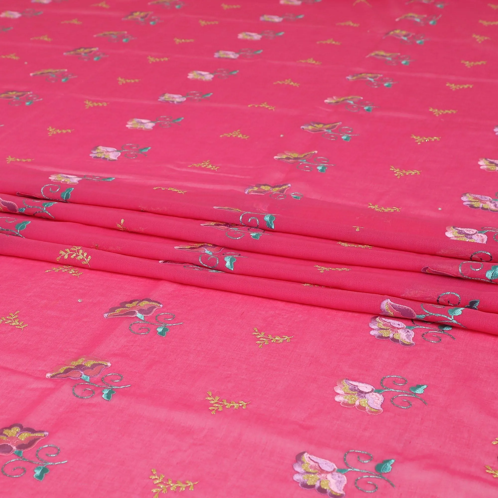 Cerise Pink Premium Swiss cotton voile (Thobe) fabric with same tone, gold, sea green and baby pink embroidery having stone work in floral design-D7993