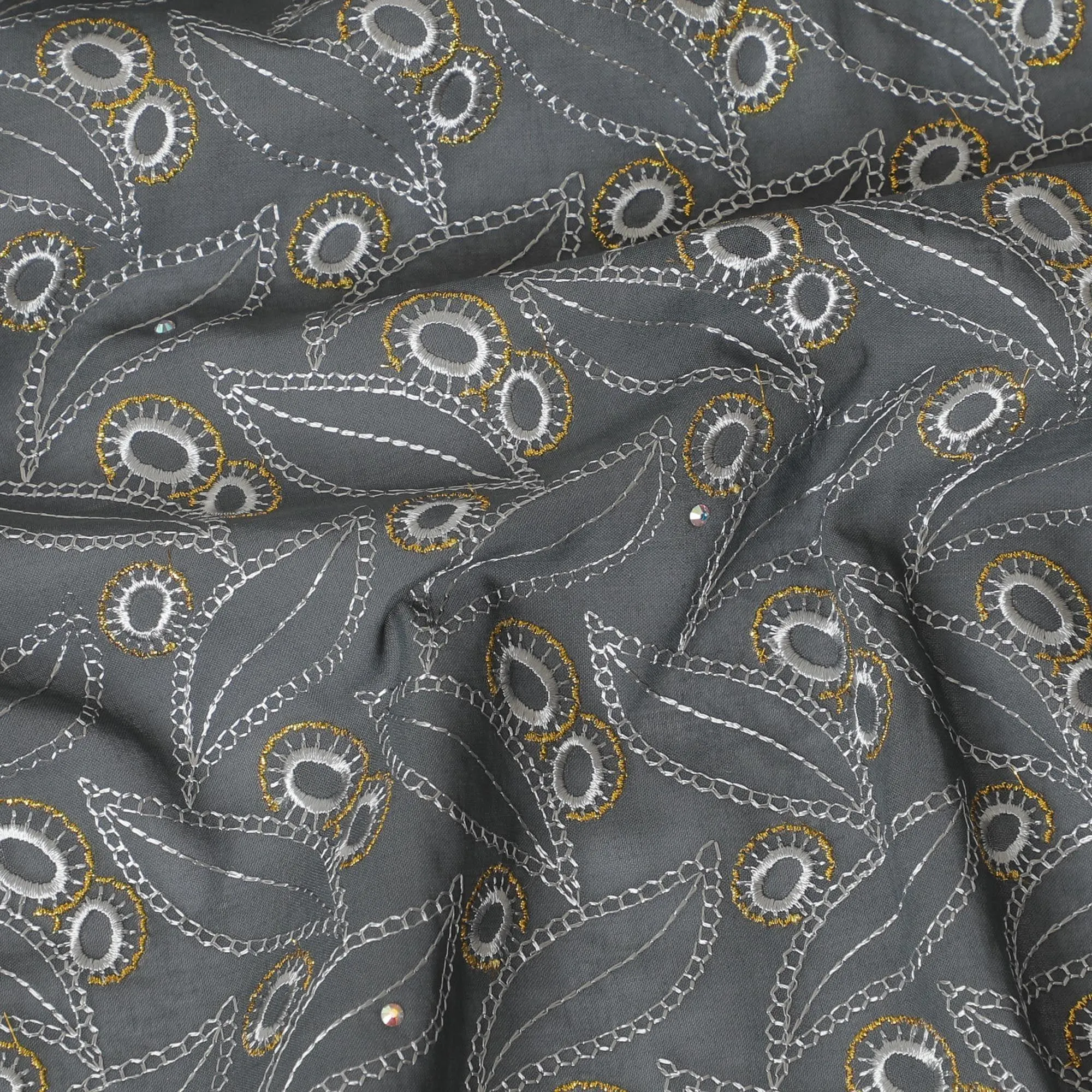 Charcoal grey blue Premium pure 100% Swiss cotton voile (Sudanese Thobe) fabric with white and gold embroidery having stone work in fancy design-D13793