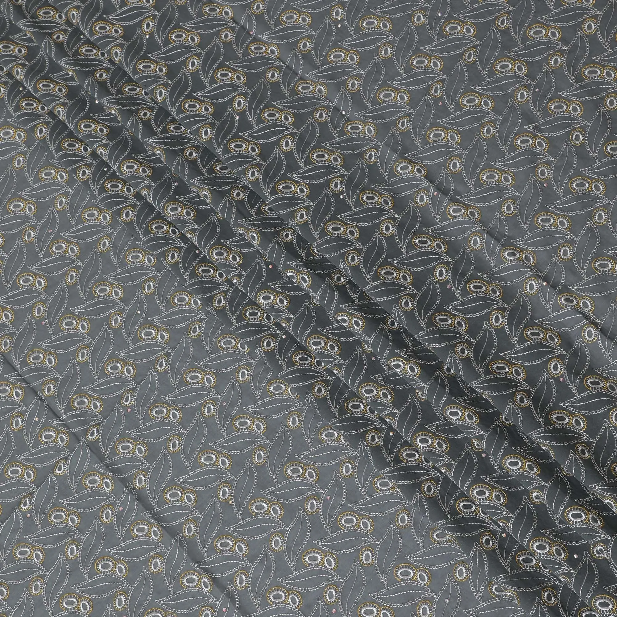 Charcoal grey blue Premium pure 100% Swiss cotton voile (Sudanese Thobe) fabric with white and gold embroidery having stone work in fancy design-D13793