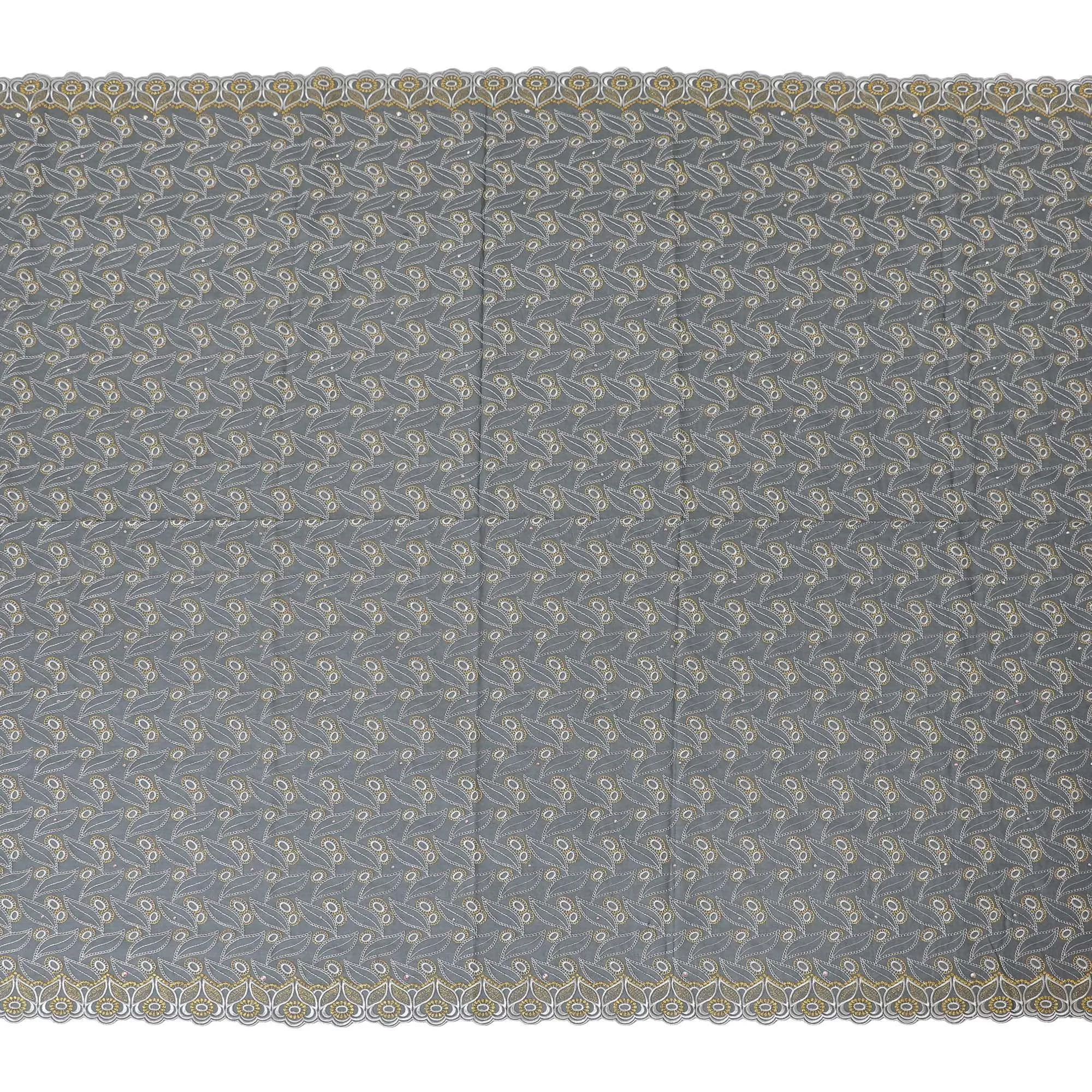Charcoal grey blue Premium pure 100% Swiss cotton voile (Sudanese Thobe) fabric with white and gold embroidery having stone work in fancy design-D13793