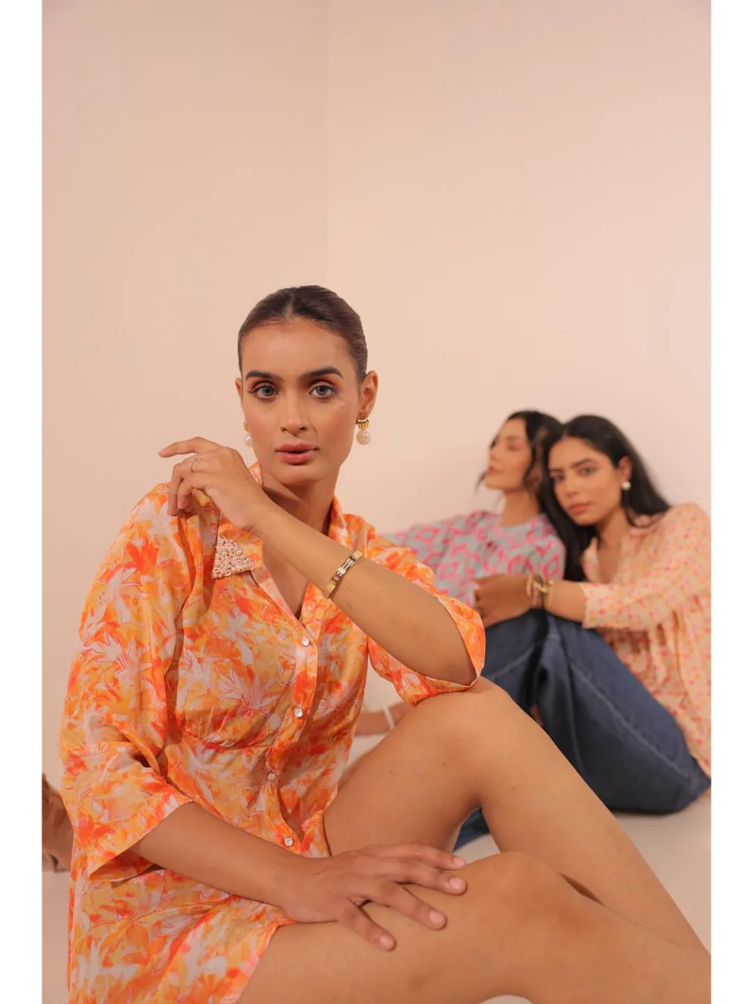cheerful  natural crepe geometric printed mandarin collar string, A-Line  hand embellished top with three-forth sleeve  - Blue