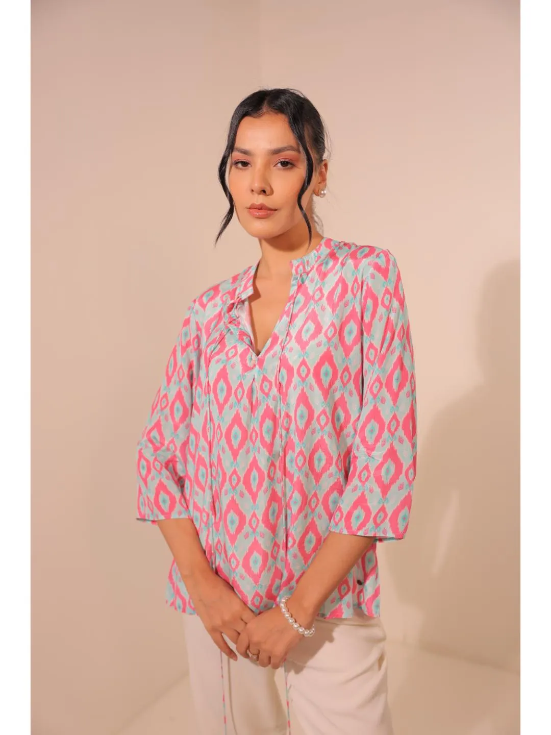 cheerful  natural crepe geometric printed mandarin collar string, A-Line  hand embellished top with three-forth sleeve  - Blue
