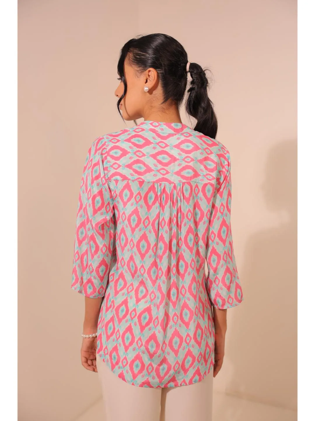 cheerful  natural crepe geometric printed mandarin collar string, A-Line  hand embellished top with three-forth sleeve  - Blue