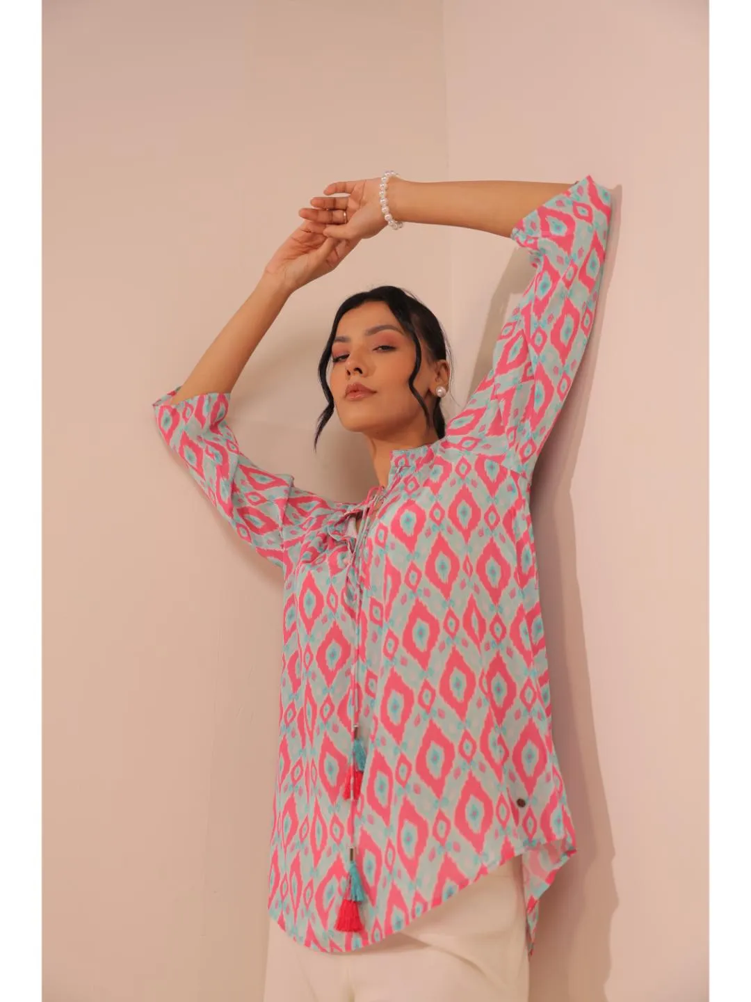 cheerful  natural crepe geometric printed mandarin collar string, A-Line  hand embellished top with three-forth sleeve  - Blue