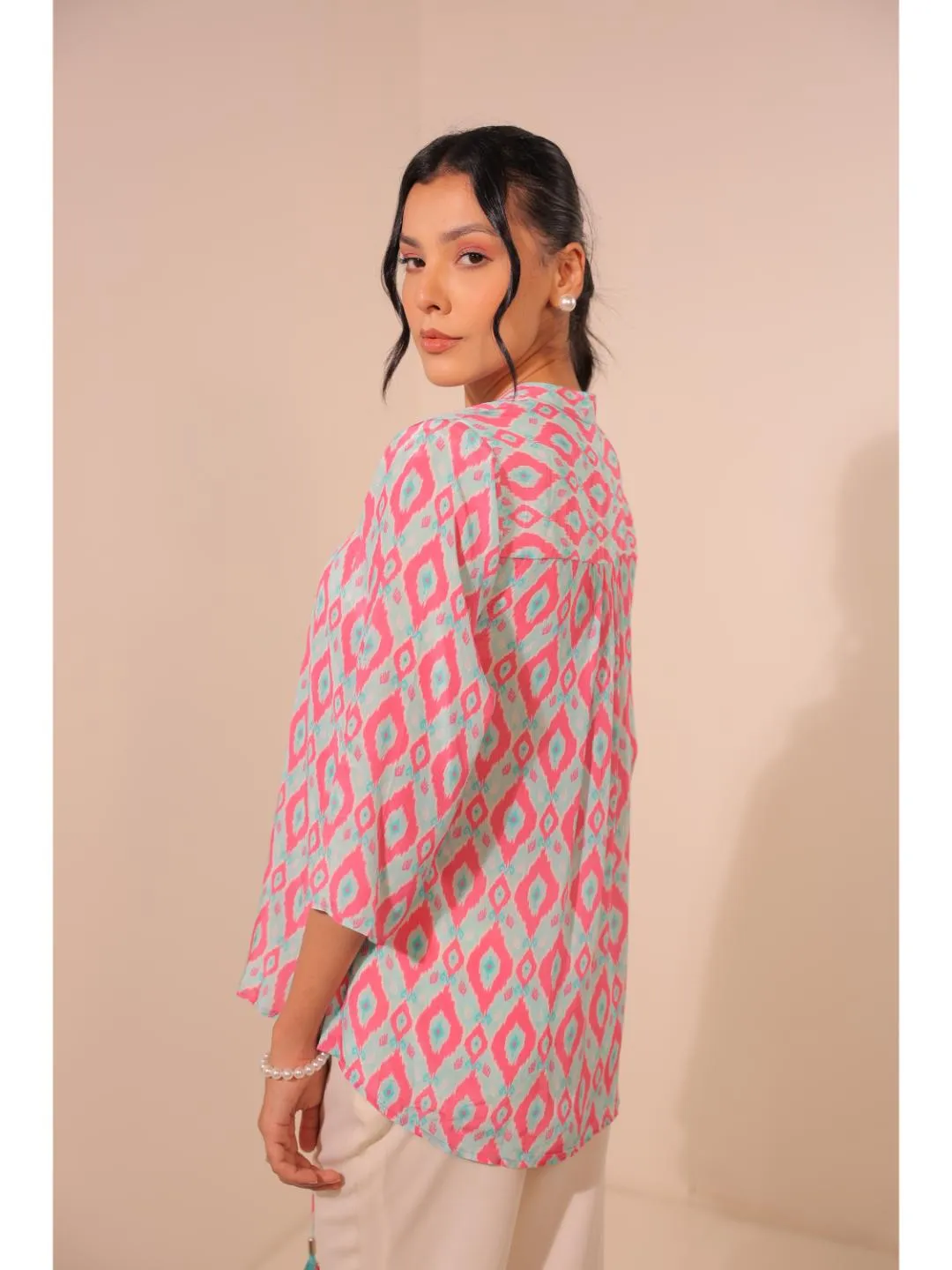 cheerful  natural crepe geometric printed mandarin collar string, A-Line  hand embellished top with three-forth sleeve  - Blue