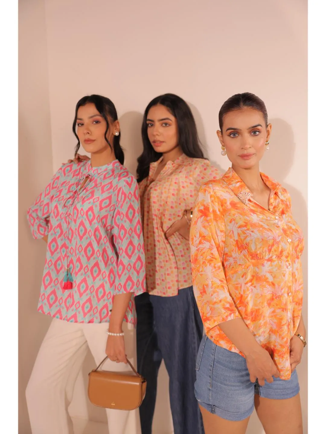 cheerful  natural crepe geometric printed mandarin collar string, A-Line  hand embellished top with three-forth sleeve  - Blue