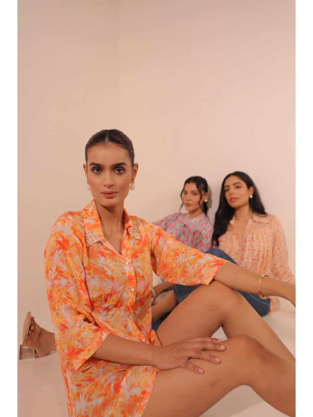 cheerful  natural crepe geometric printed mandarin collar string, A-Line  hand embellished top with three-forth sleeve  - Blue