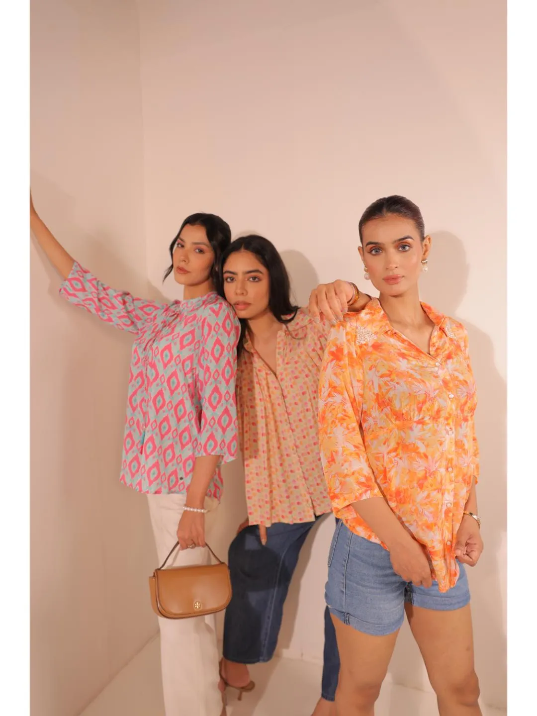 cheerful  natural crepe geometric printed mandarin collar string, A-Line  hand embellished top with three-forth sleeve  - Blue