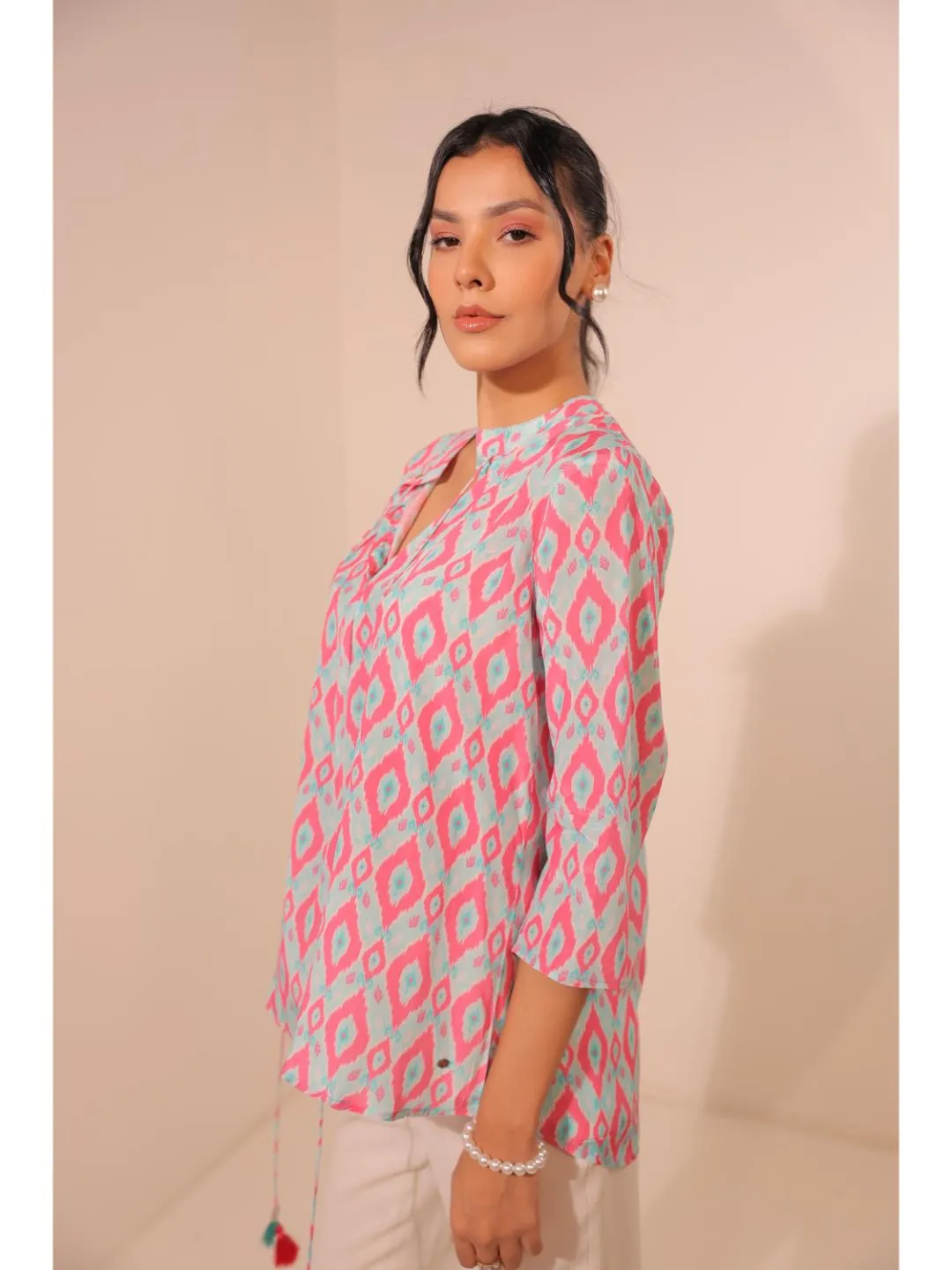 cheerful  natural crepe geometric printed mandarin collar string, A-Line  hand embellished top with three-forth sleeve  - Blue