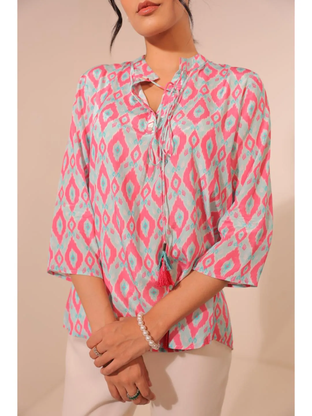 cheerful  natural crepe geometric printed mandarin collar string, A-Line  hand embellished top with three-forth sleeve  - Blue
