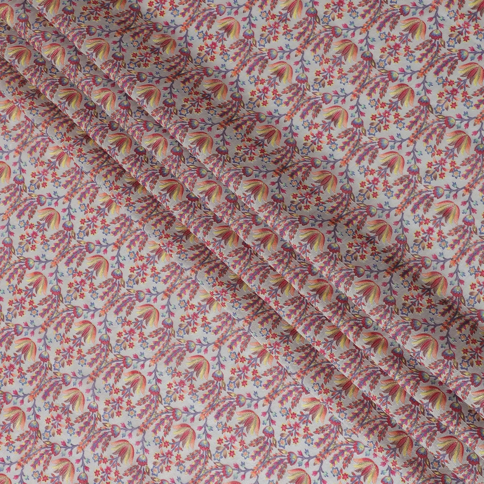 Cloud grey blended cotton silk fabric with multicolor embroidery in floral design-D15468