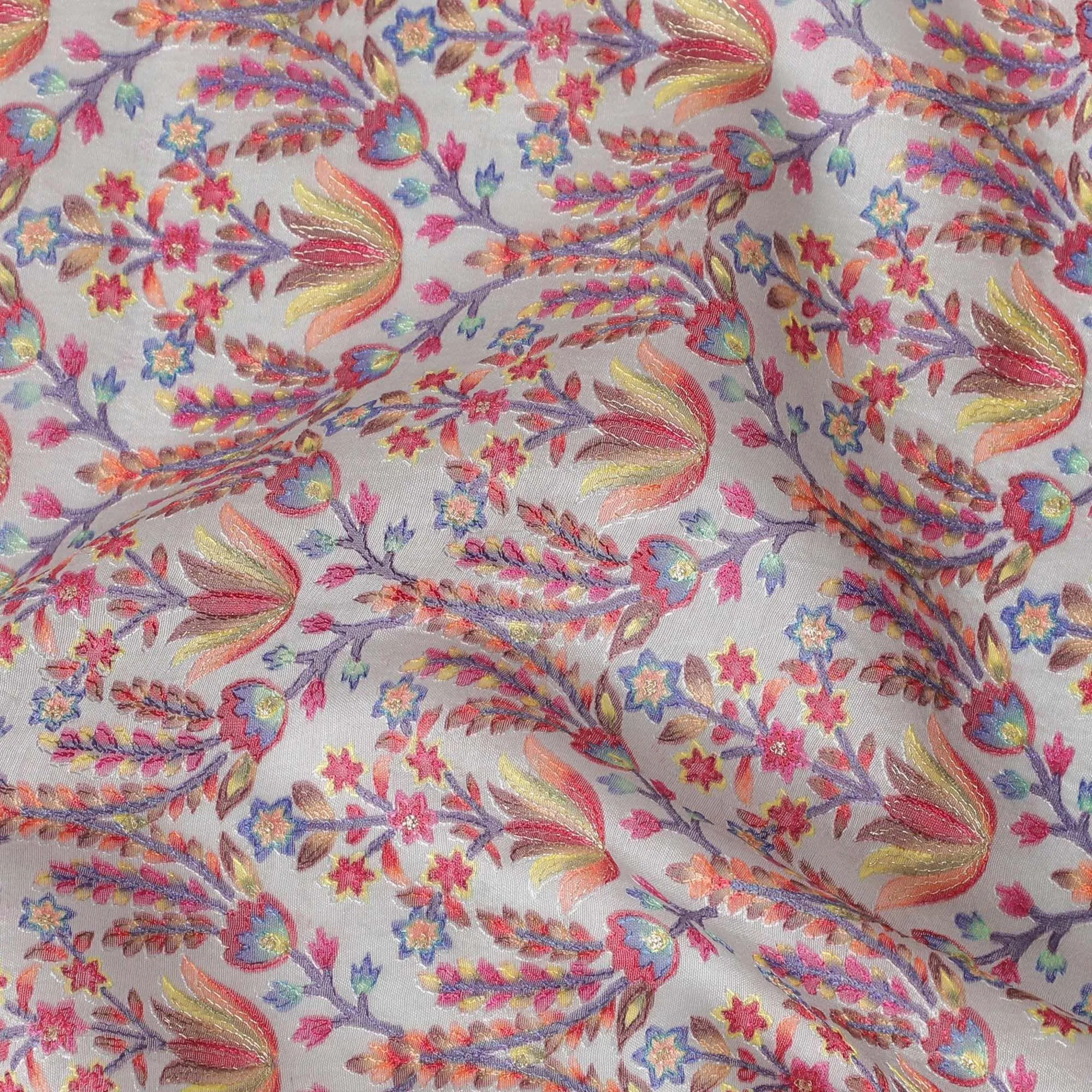 Cloud grey blended cotton silk fabric with multicolor embroidery in floral design-D15468