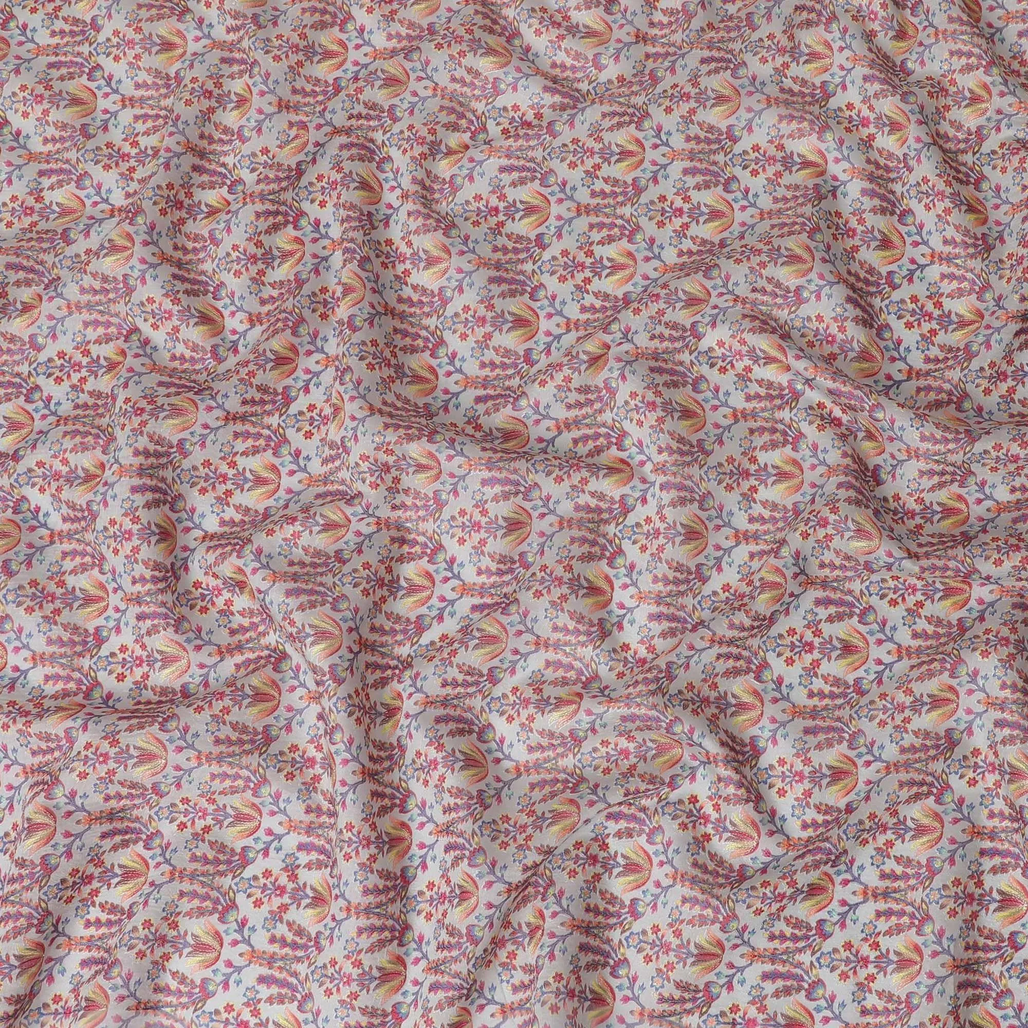 Cloud grey blended cotton silk fabric with multicolor embroidery in floral design-D15468