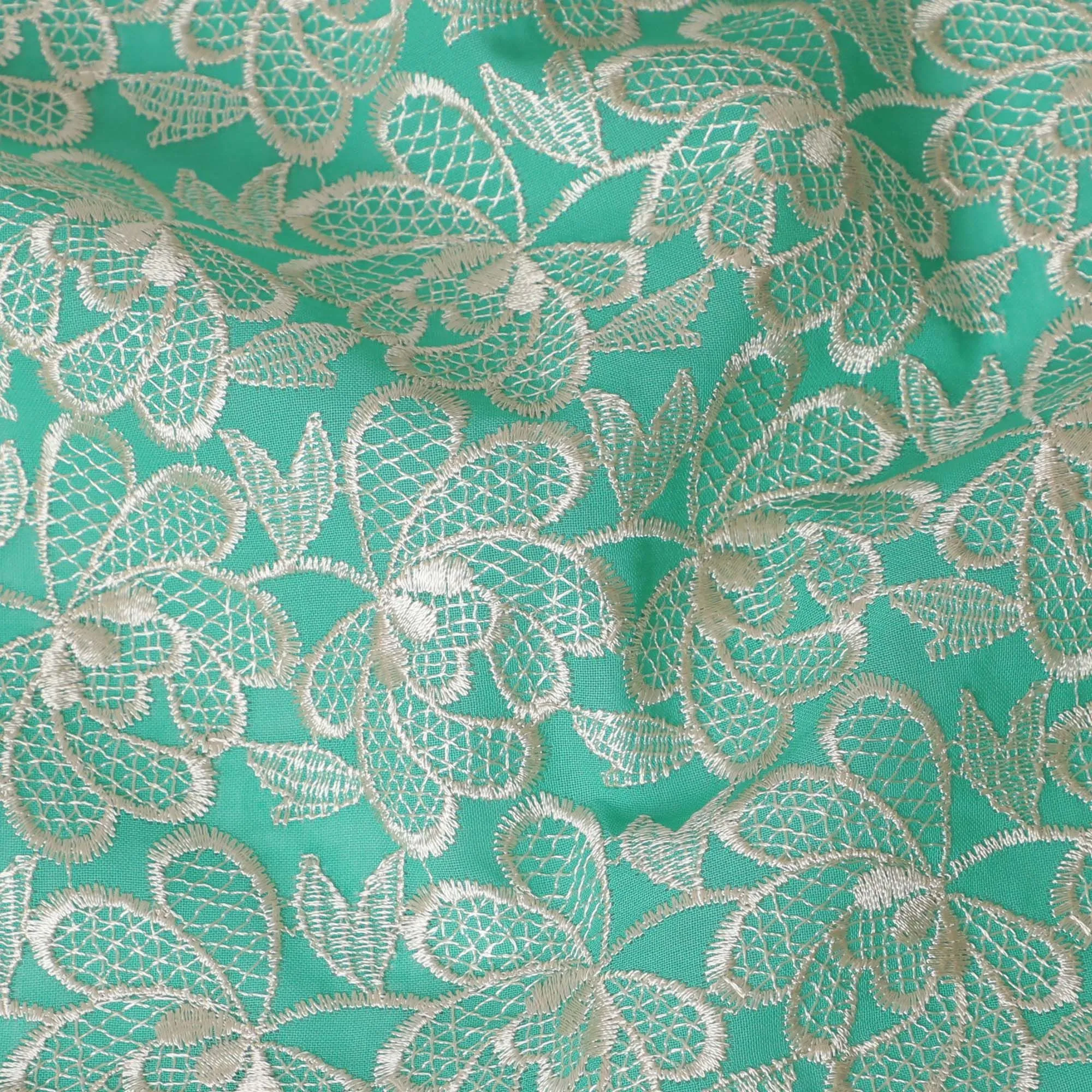 Cool green Premium pure cotton voile fabric with beige embroidery in floral design-D16976