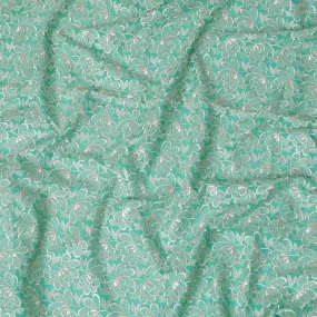 Cool green Premium pure cotton voile fabric with beige embroidery in floral design-D16976