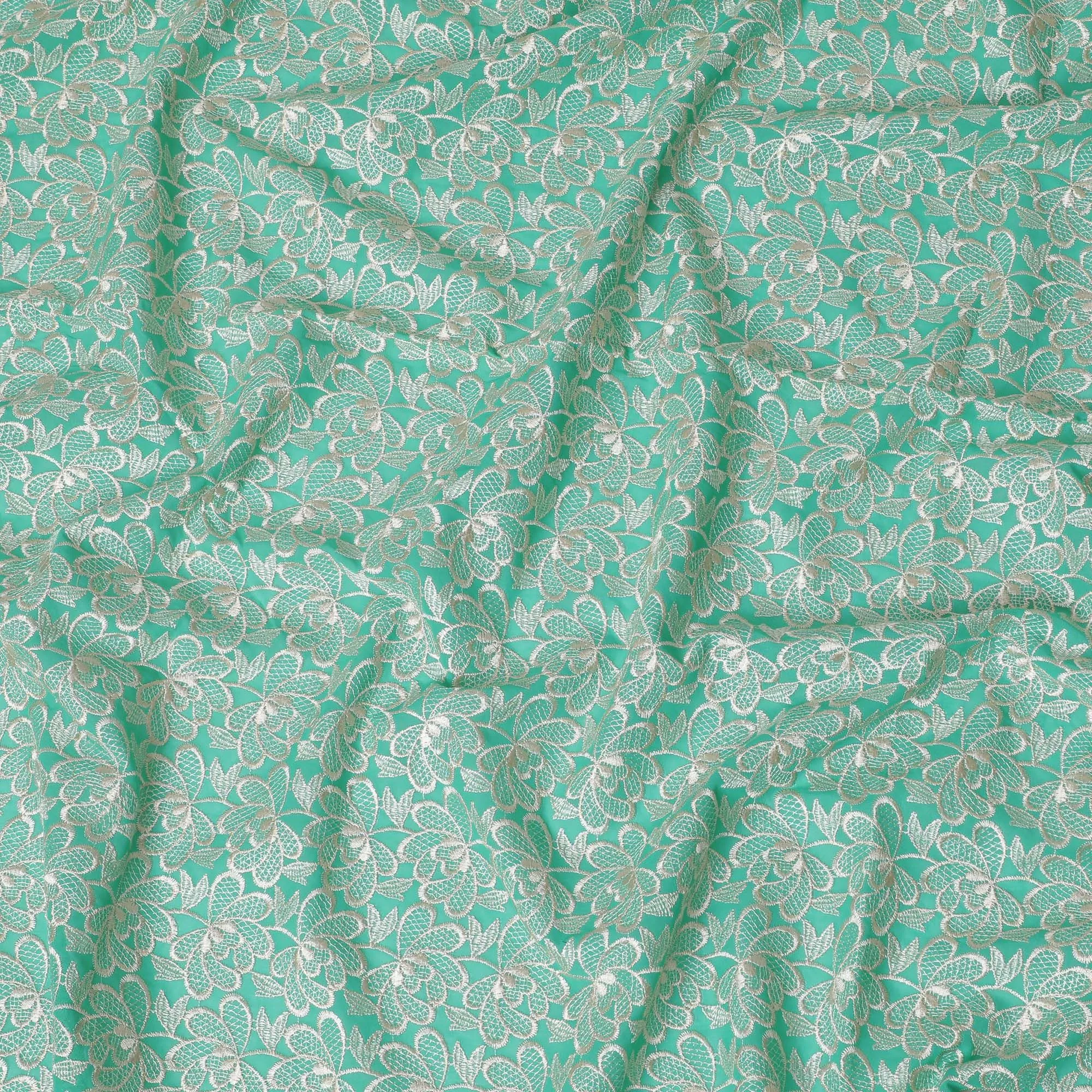 Cool green Premium pure cotton voile fabric with beige embroidery in floral design-D16976