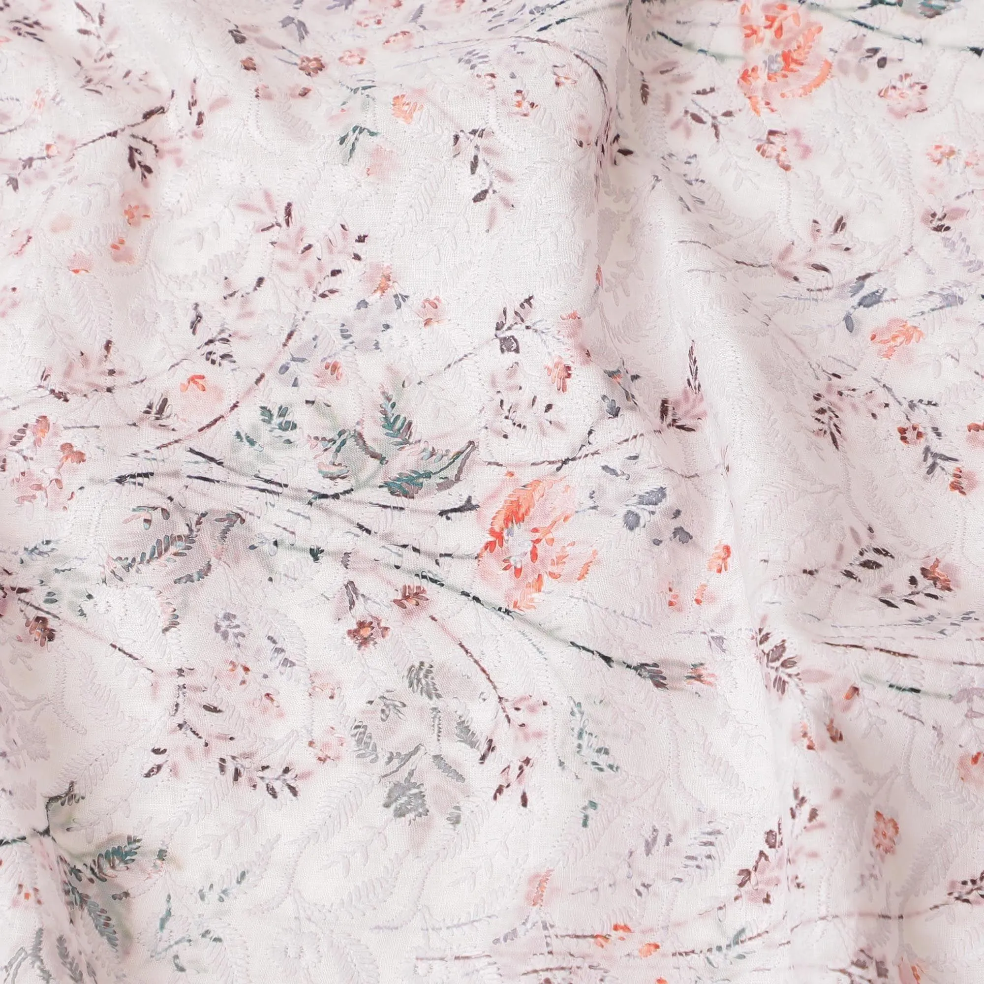 Cotton voile fabric with same tone embroidery having olive green, orange print in floral design-D6992