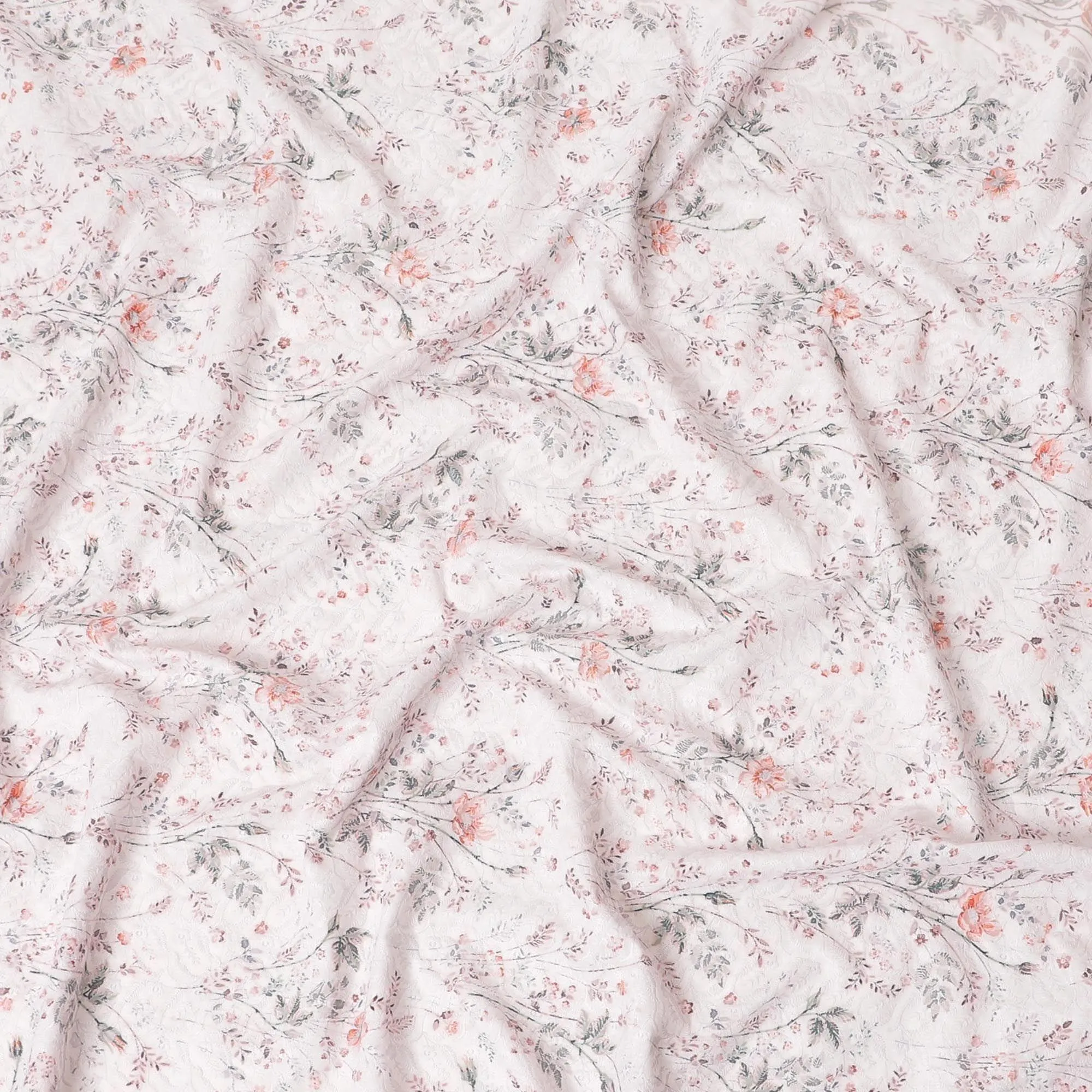 Cotton voile fabric with same tone embroidery having olive green, orange print in floral design-D6992