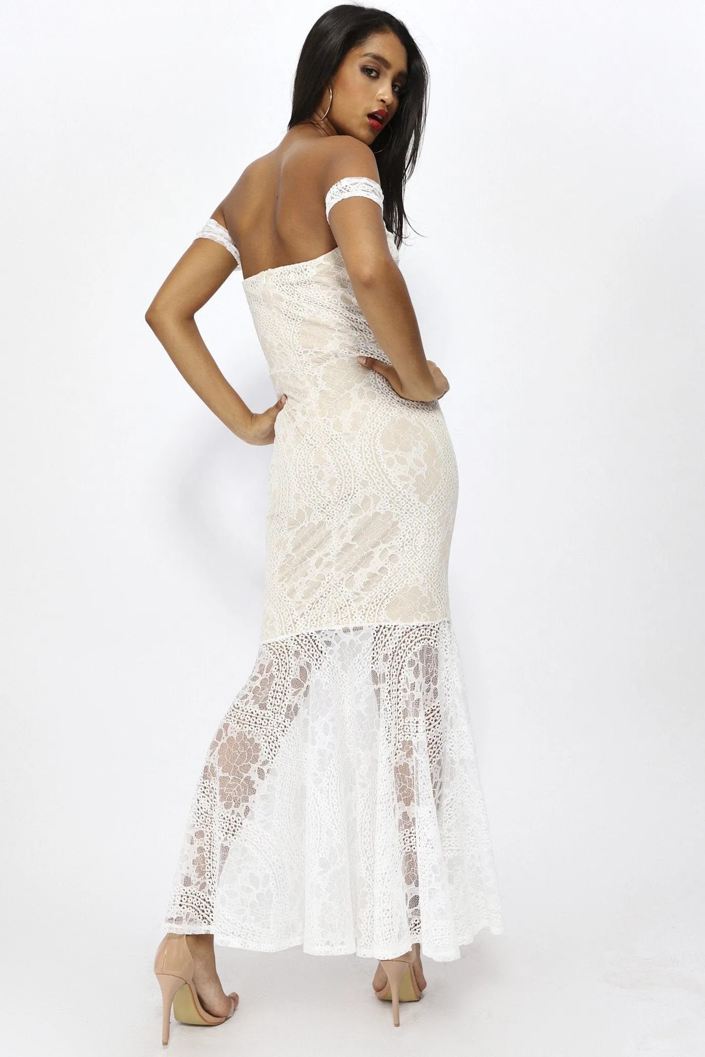 Cream Bardot Lace Fishtail Maxi Dress