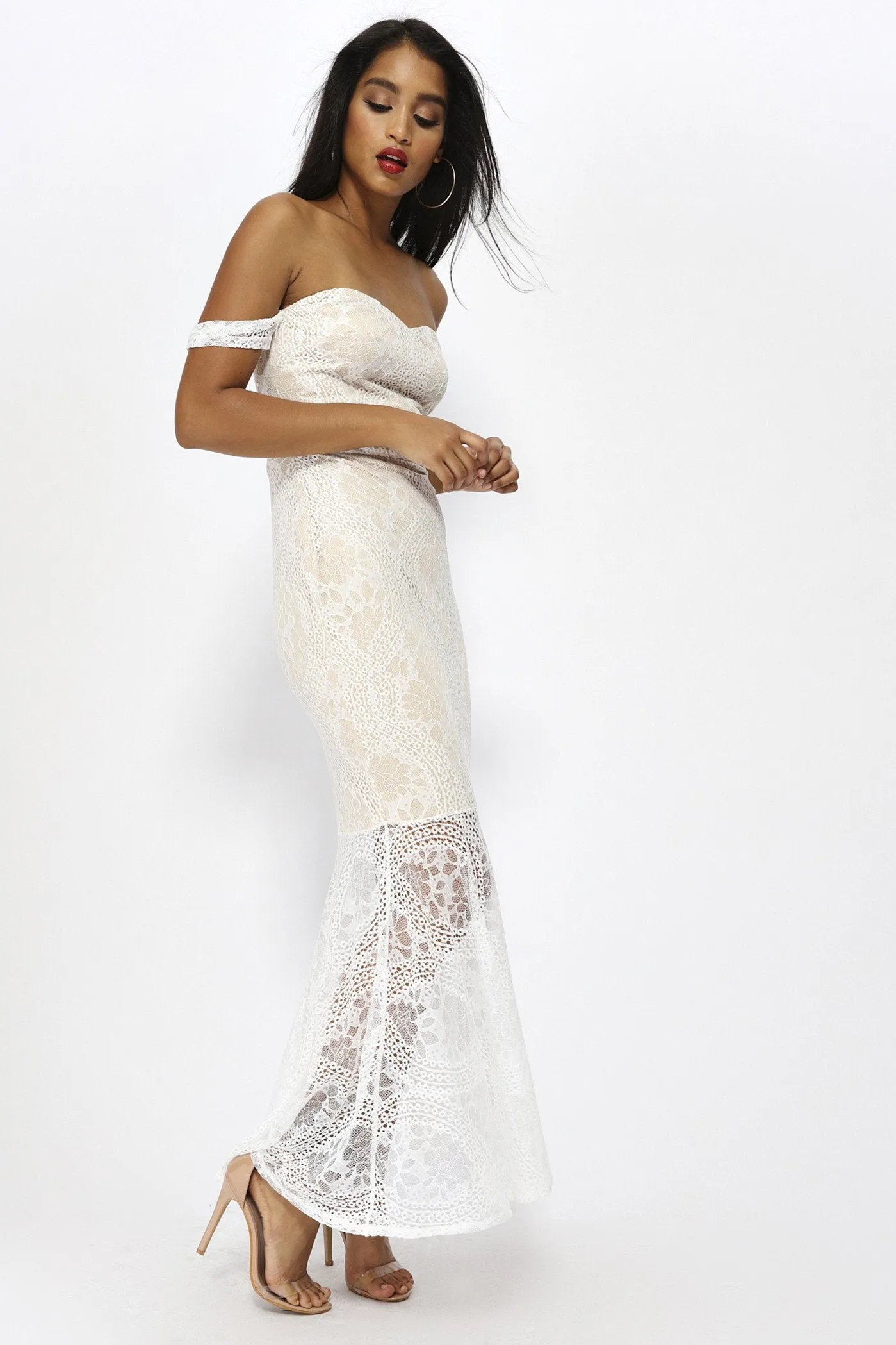 Cream Bardot Lace Fishtail Maxi Dress