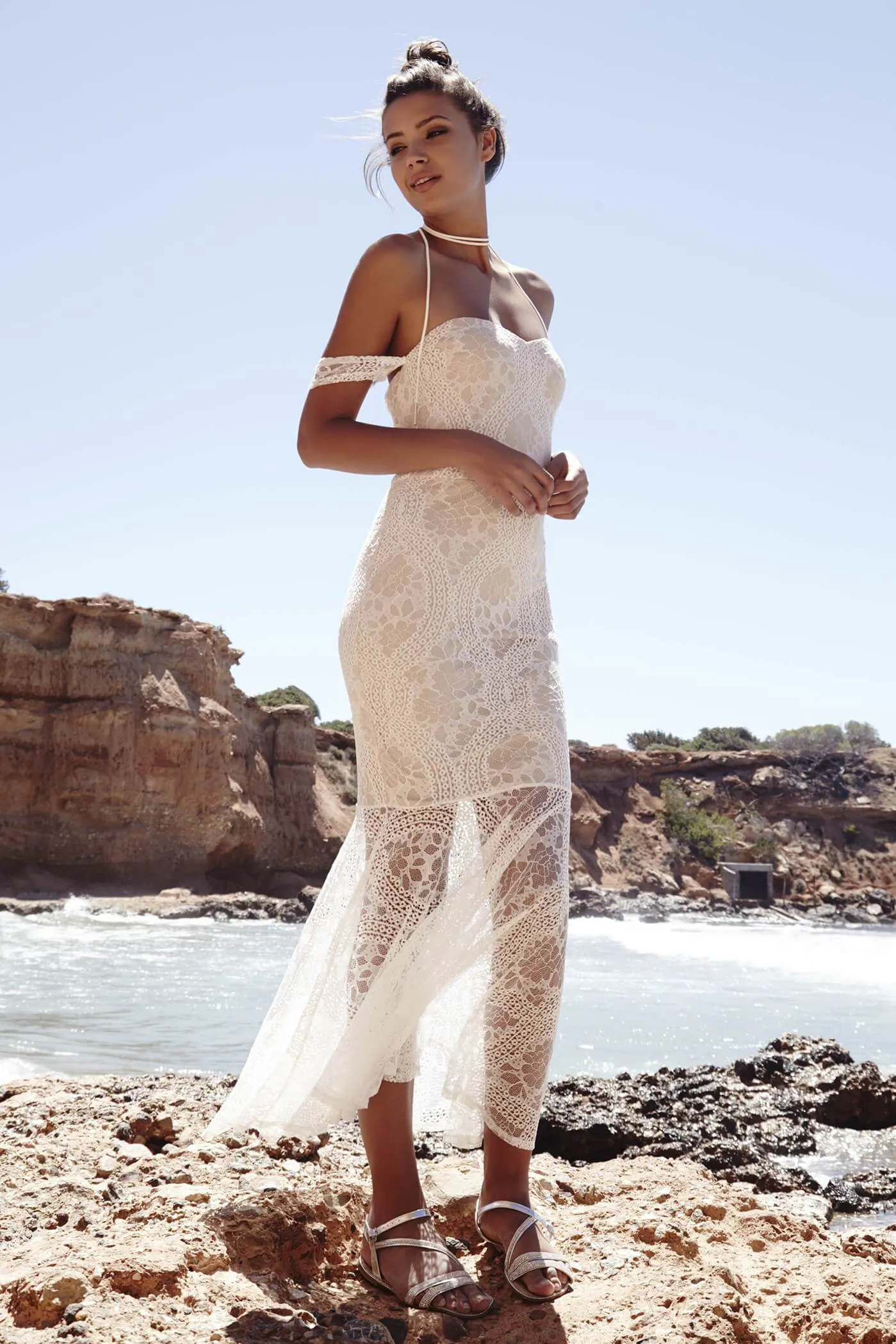 Cream Bardot Lace Fishtail Maxi Dress