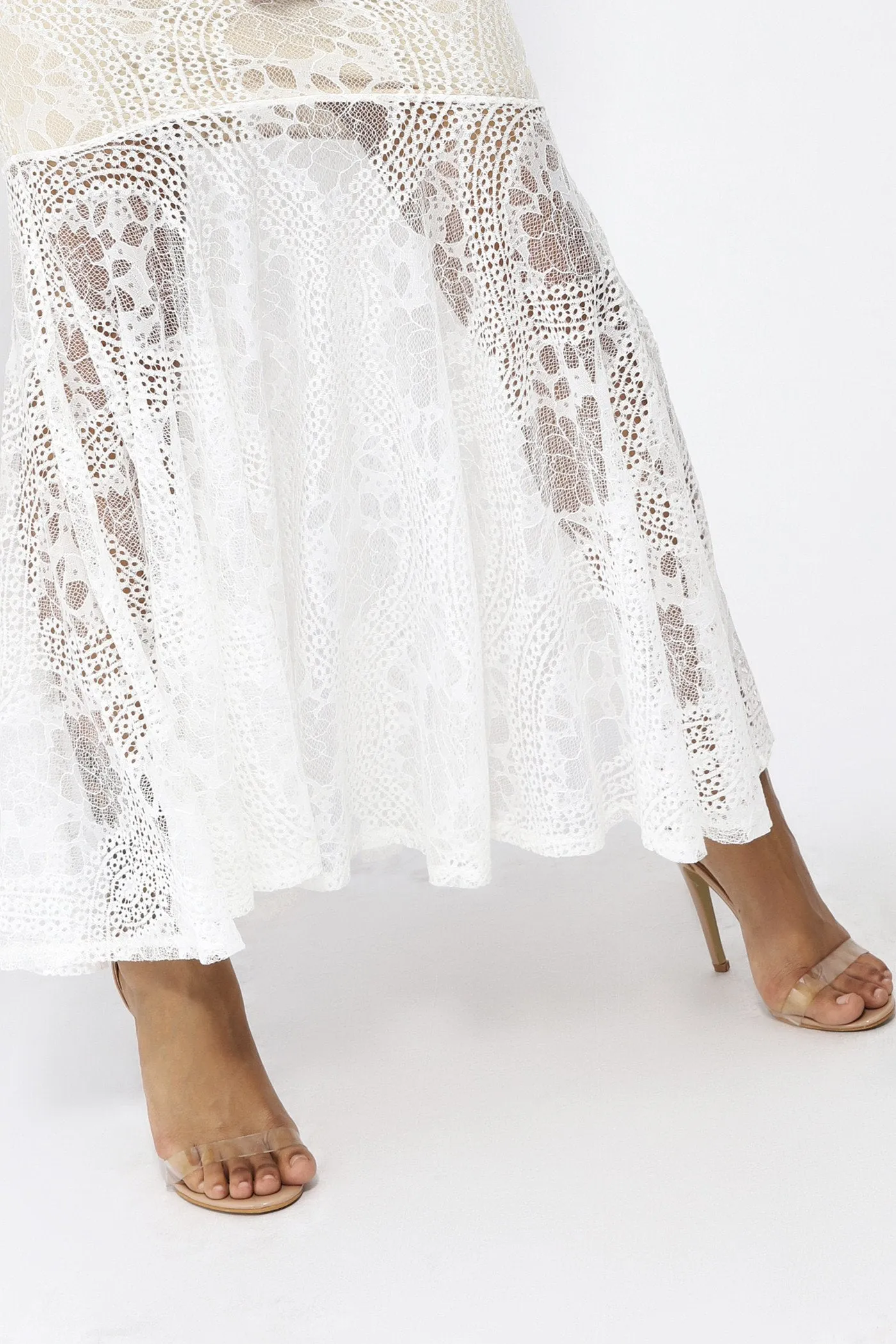 Cream Bardot Lace Fishtail Maxi Dress