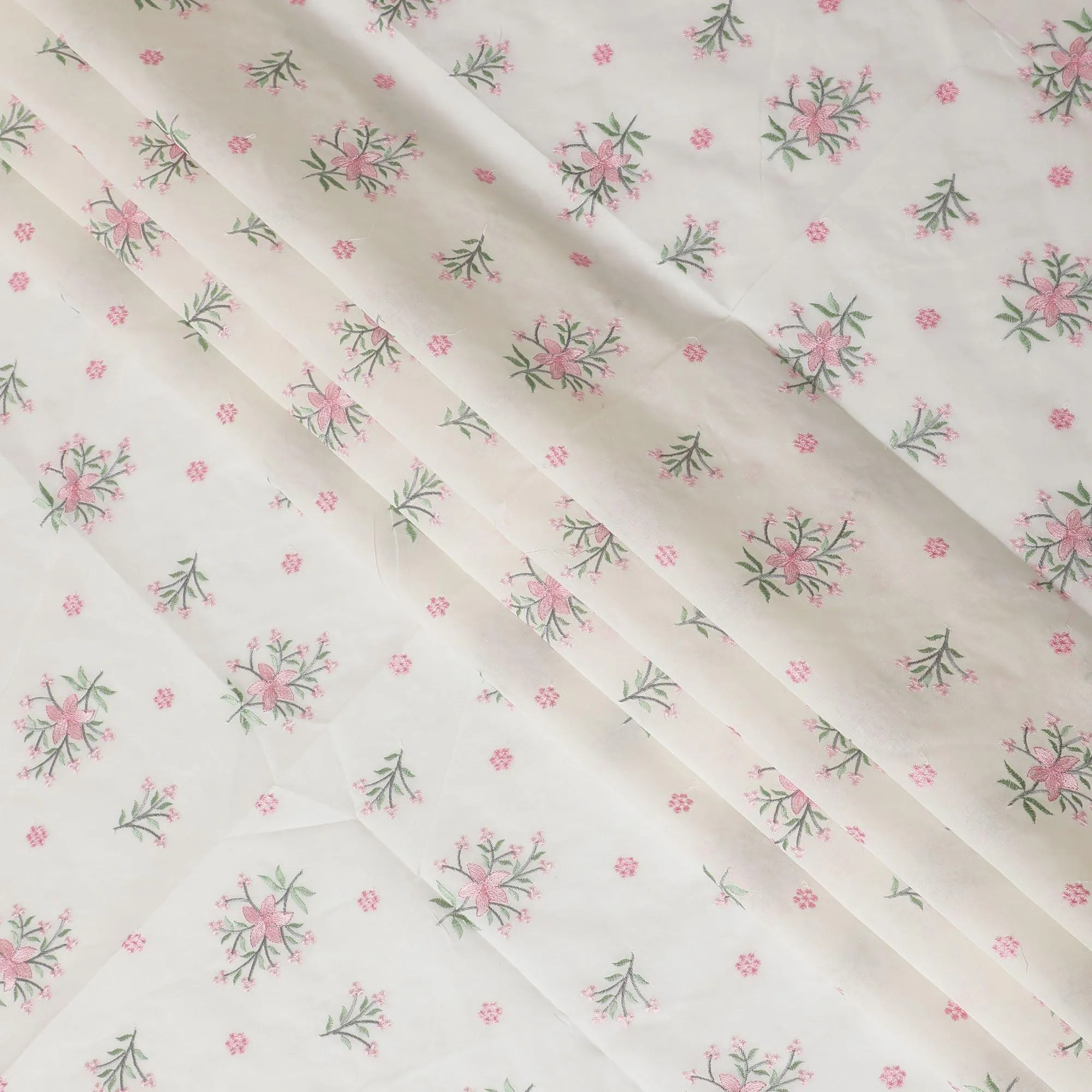 Cream premium pure cotton voile fabric with baby pink, moss green and grey embroidery in floral design-D13686
