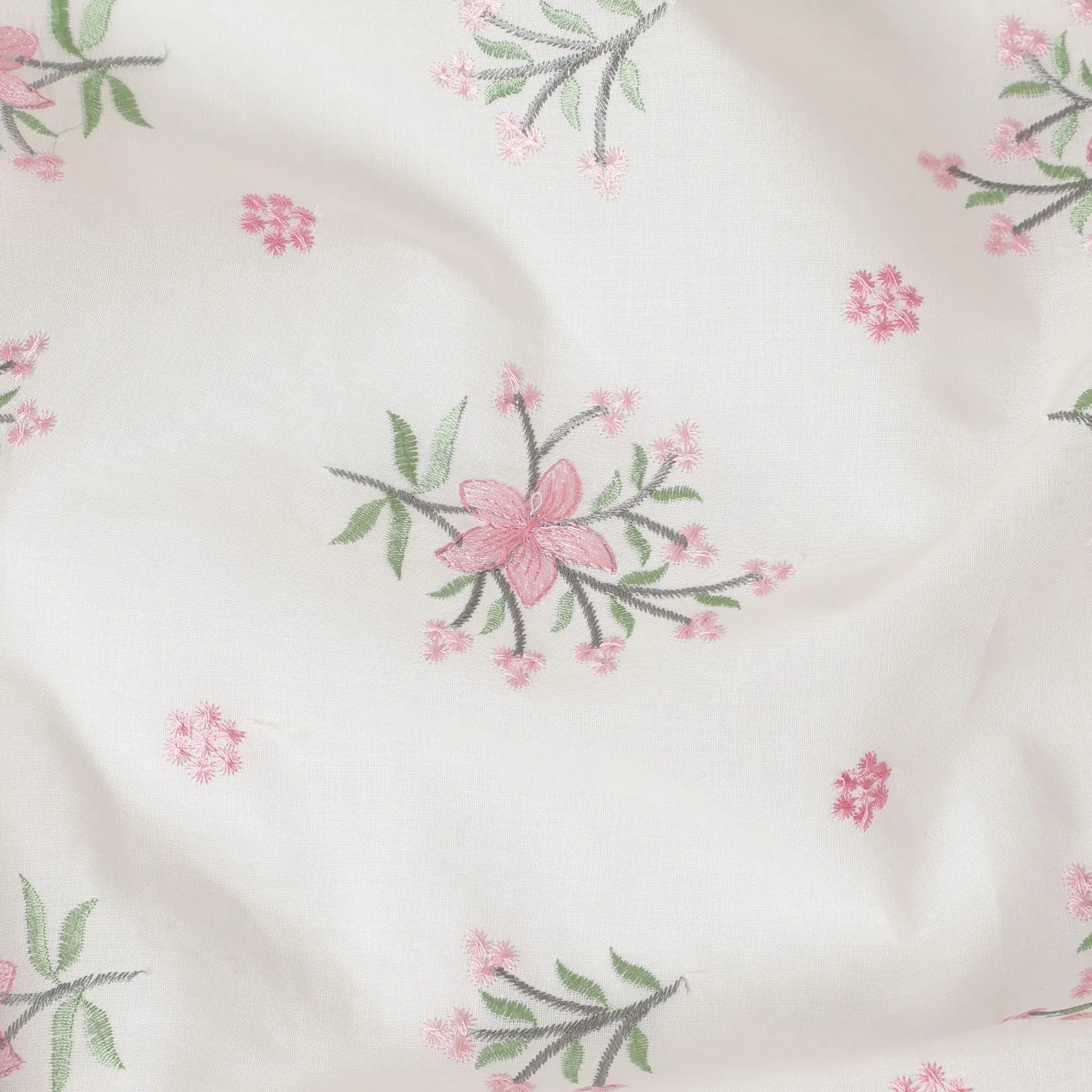 Cream premium pure cotton voile fabric with baby pink, moss green and grey embroidery in floral design-D13686