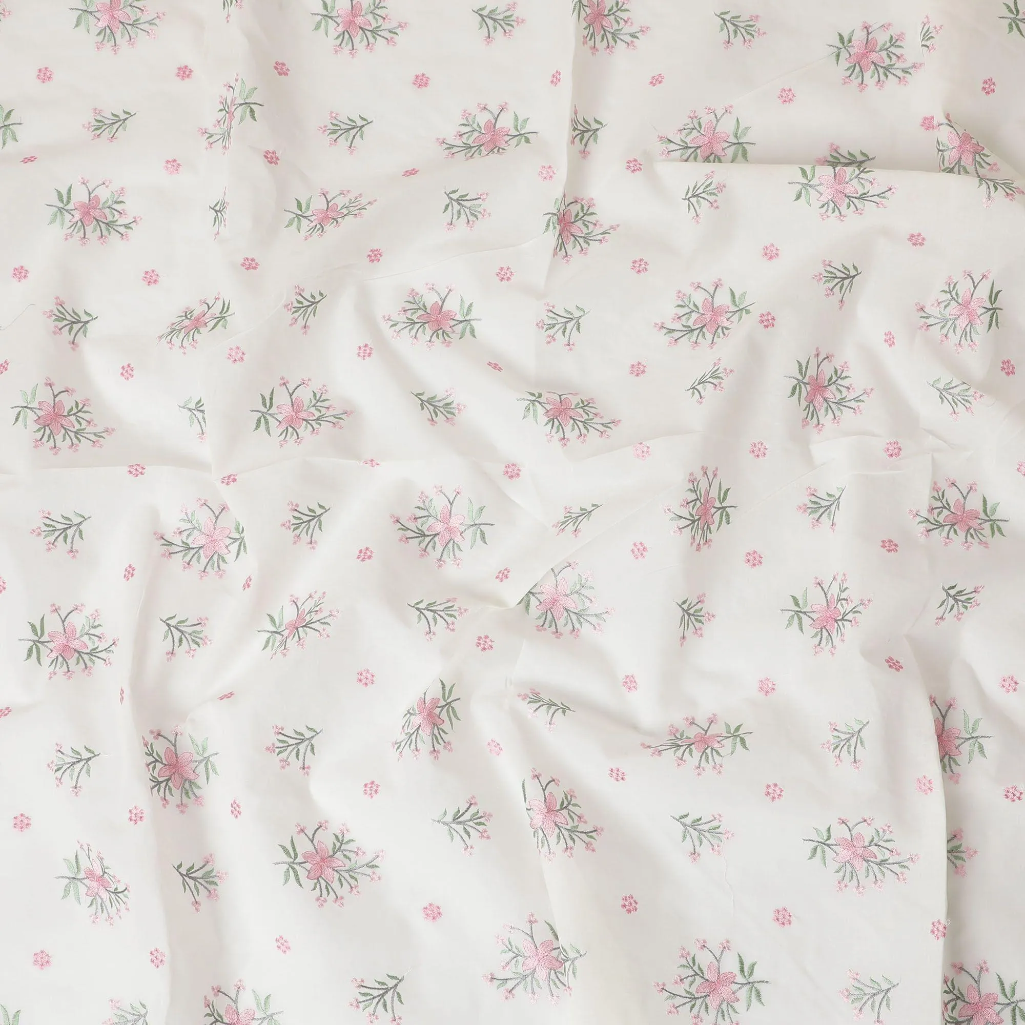 Cream premium pure cotton voile fabric with baby pink, moss green and grey embroidery in floral design-D13686