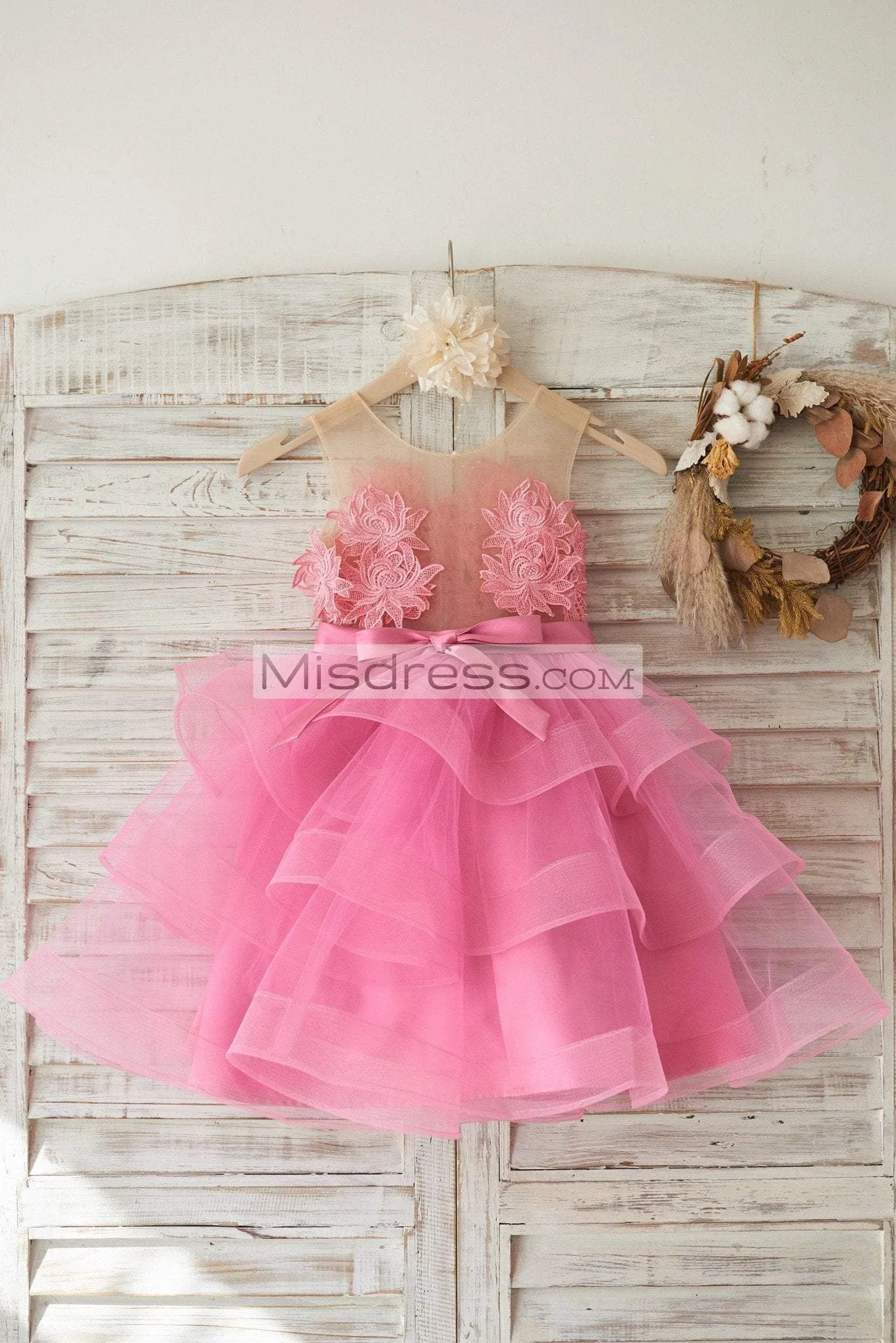 Cupcake Fuchsia Lace Tulle Sheer Neck Wedding Flower Girl Dress, Horsehair
