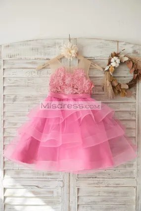 Cupcake Fuchsia Lace Tulle Sheer Neck Wedding Flower Girl Dress, Horsehair