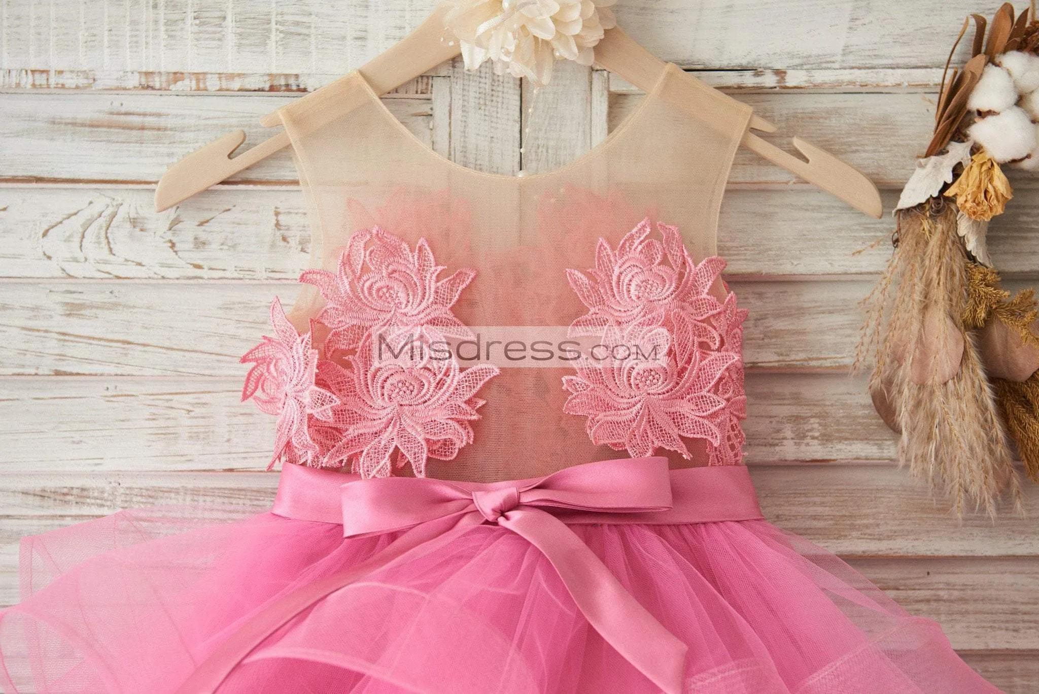 Cupcake Fuchsia Lace Tulle Sheer Neck Wedding Flower Girl Dress, Horsehair
