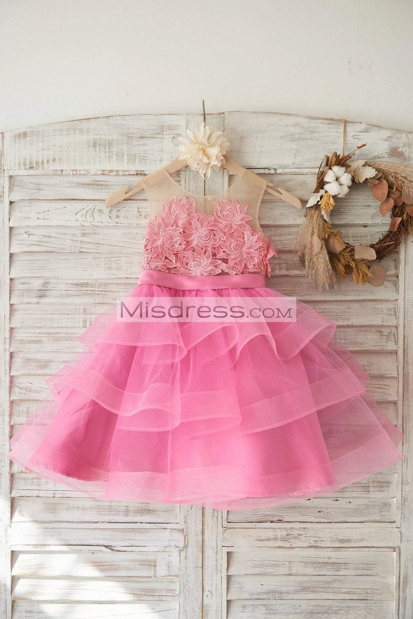 Cupcake Fuchsia Lace Tulle Sheer Neck Wedding Flower Girl Dress, Horsehair