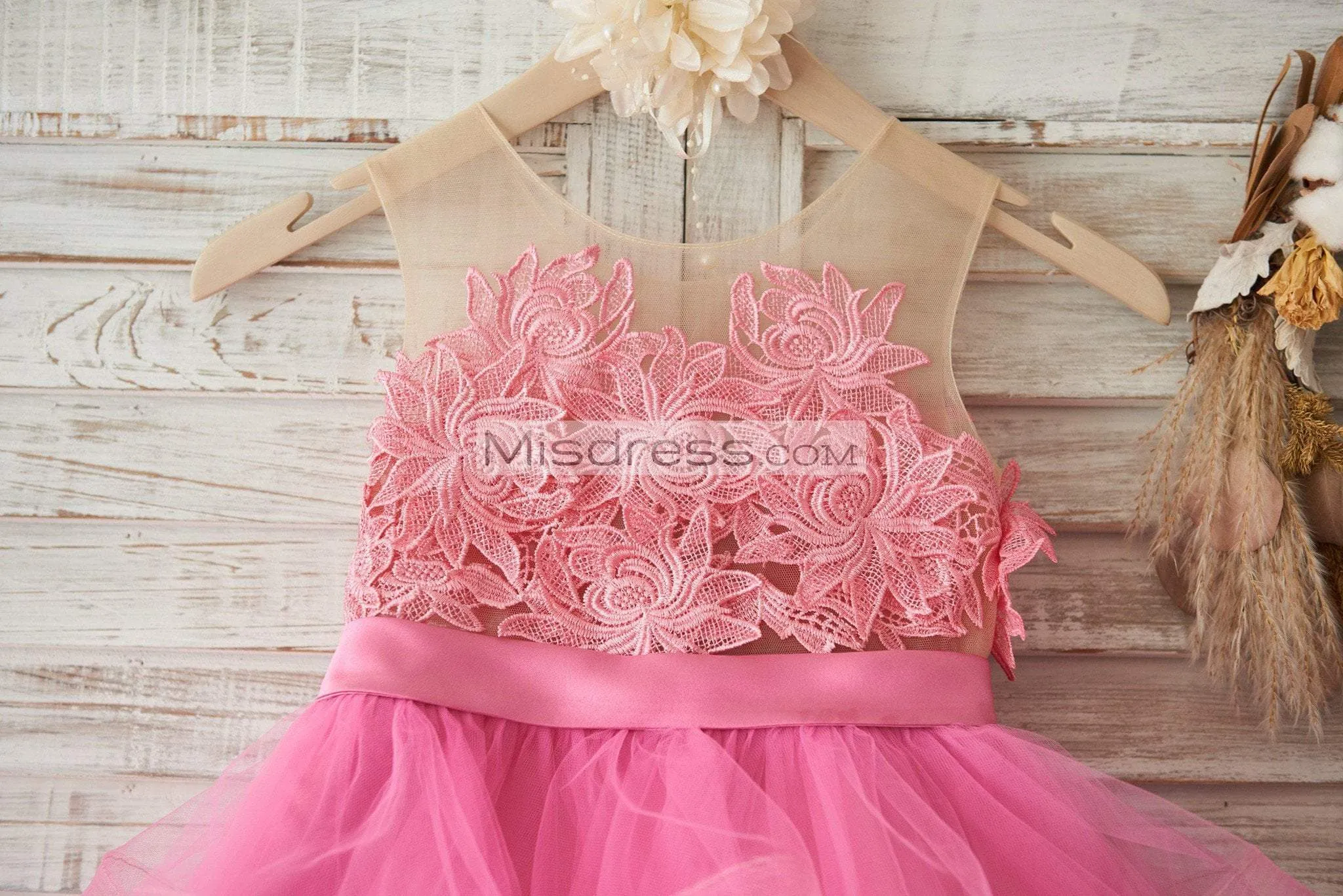 Cupcake Fuchsia Lace Tulle Sheer Neck Wedding Flower Girl Dress, Horsehair